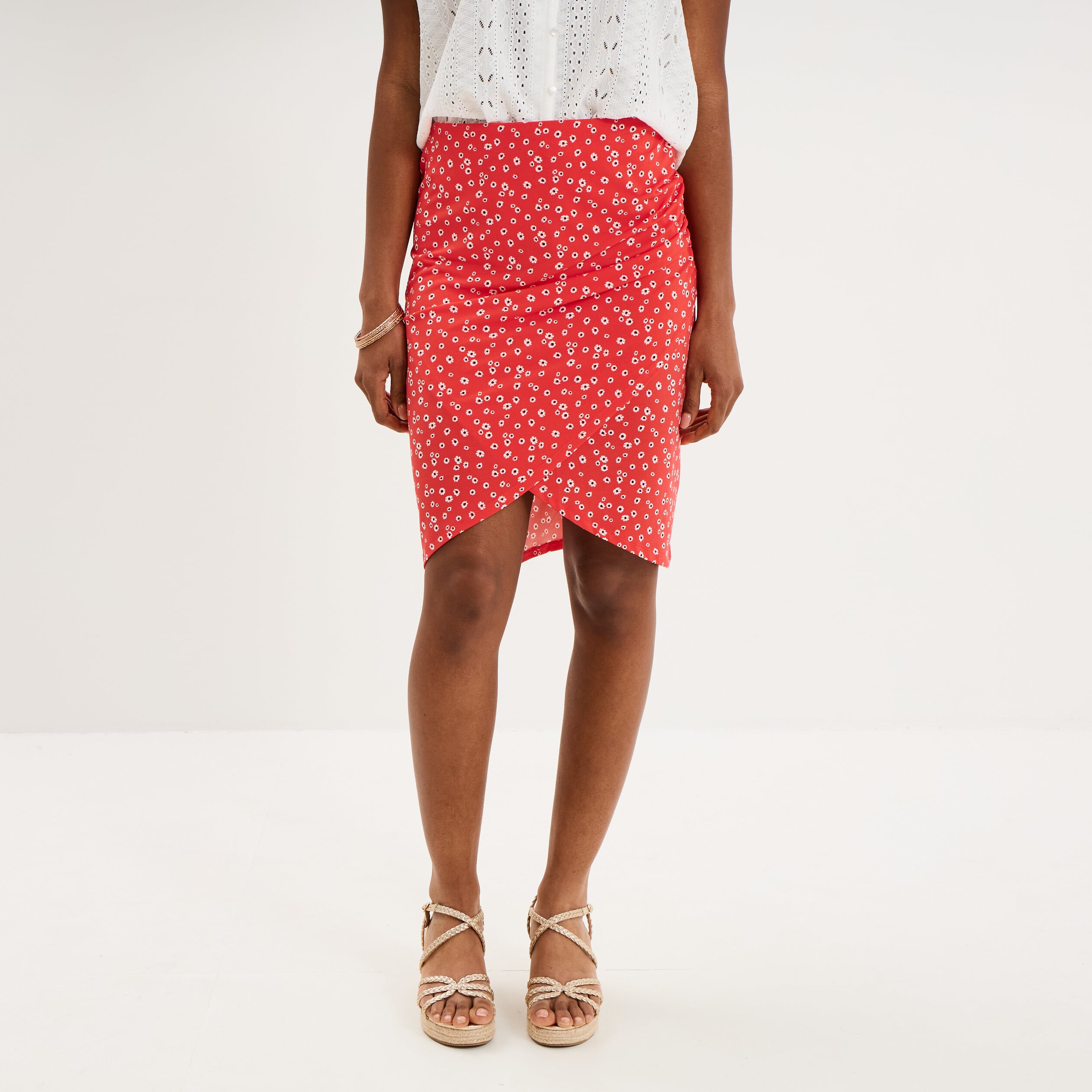 Jupe tulipe courte taille &eacute;lastiqu&eacute;e rouge coquelicot femme