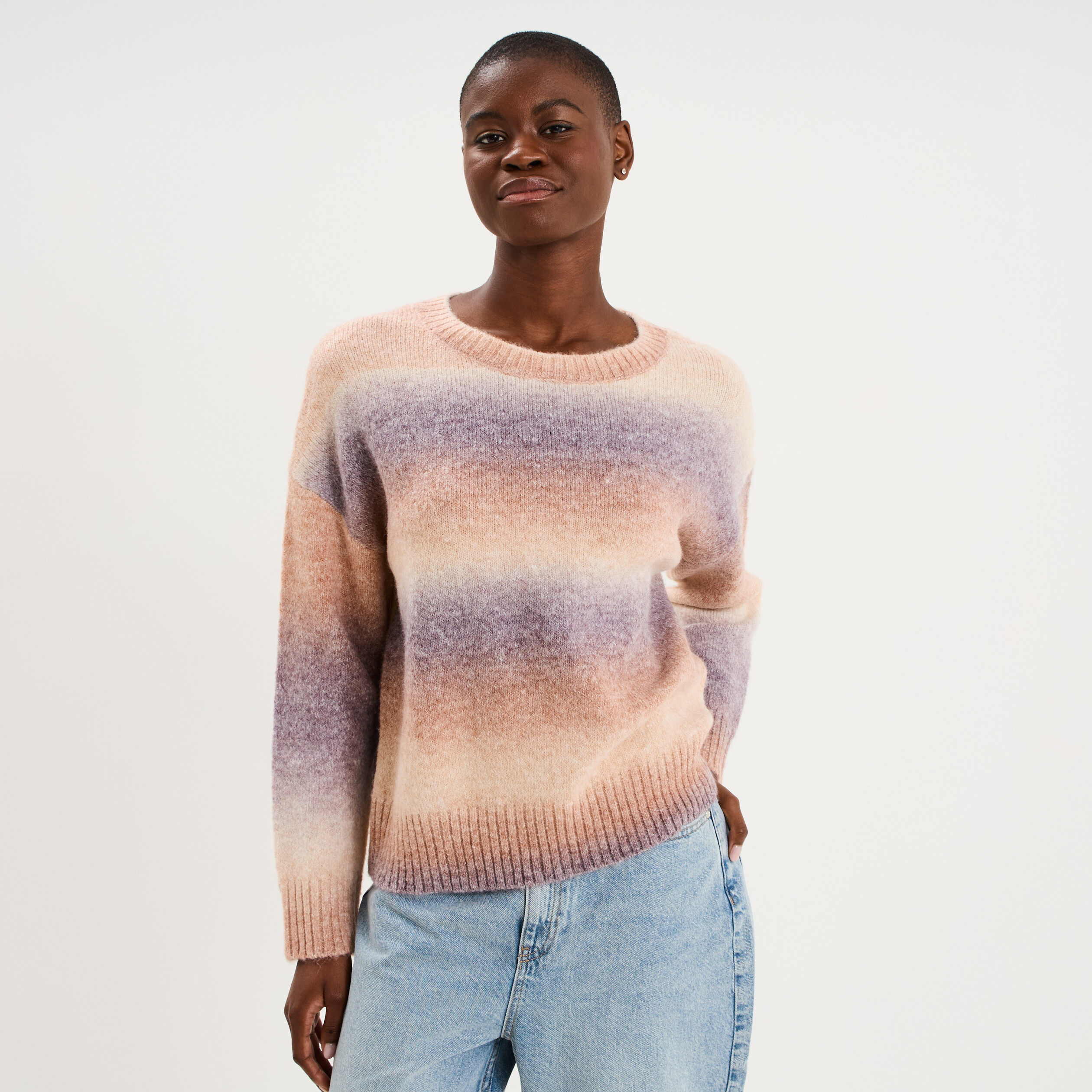 Pull droit col rond manches longues multicolore femme