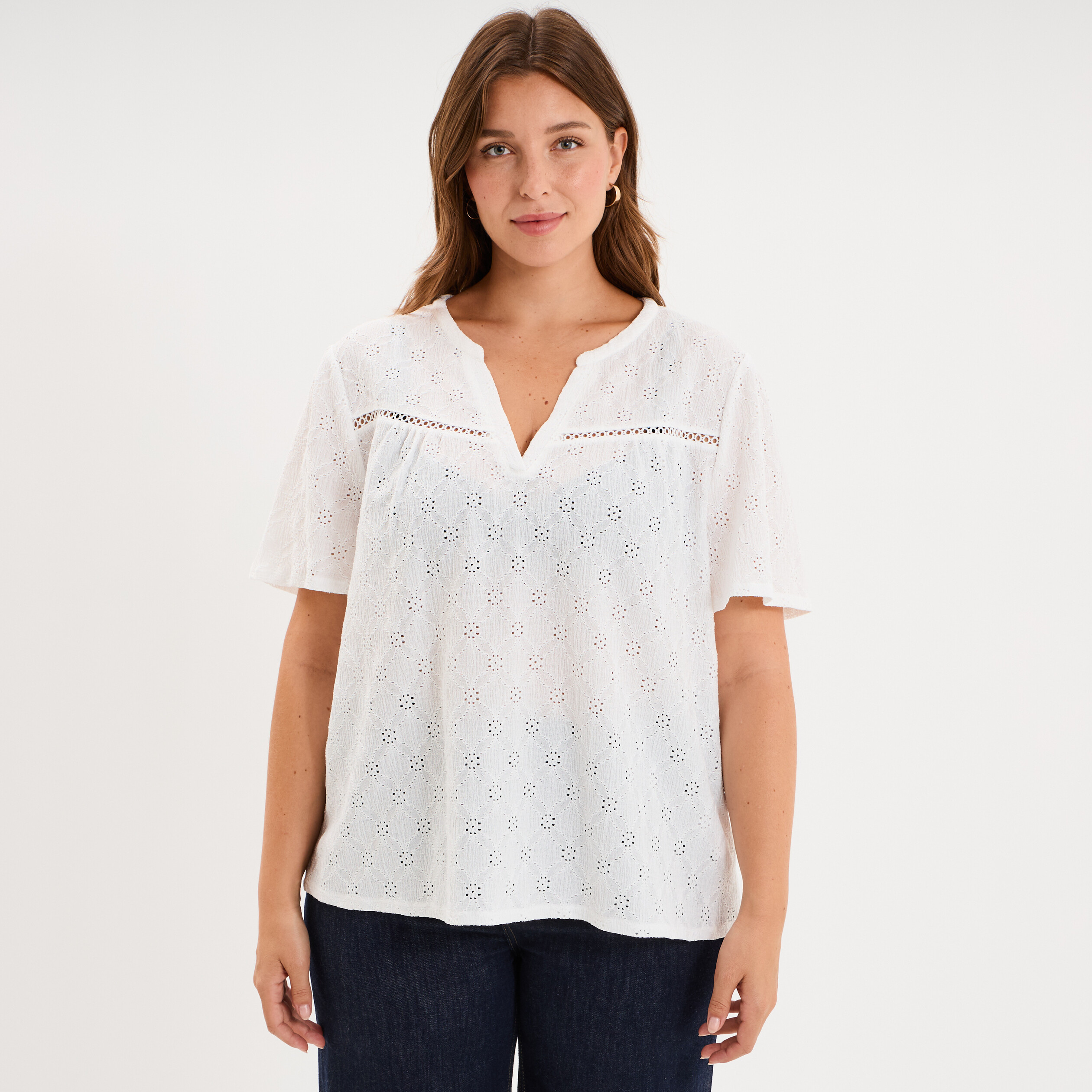 T-shirt broderie anglaise col tunisien blanc femme grande taille