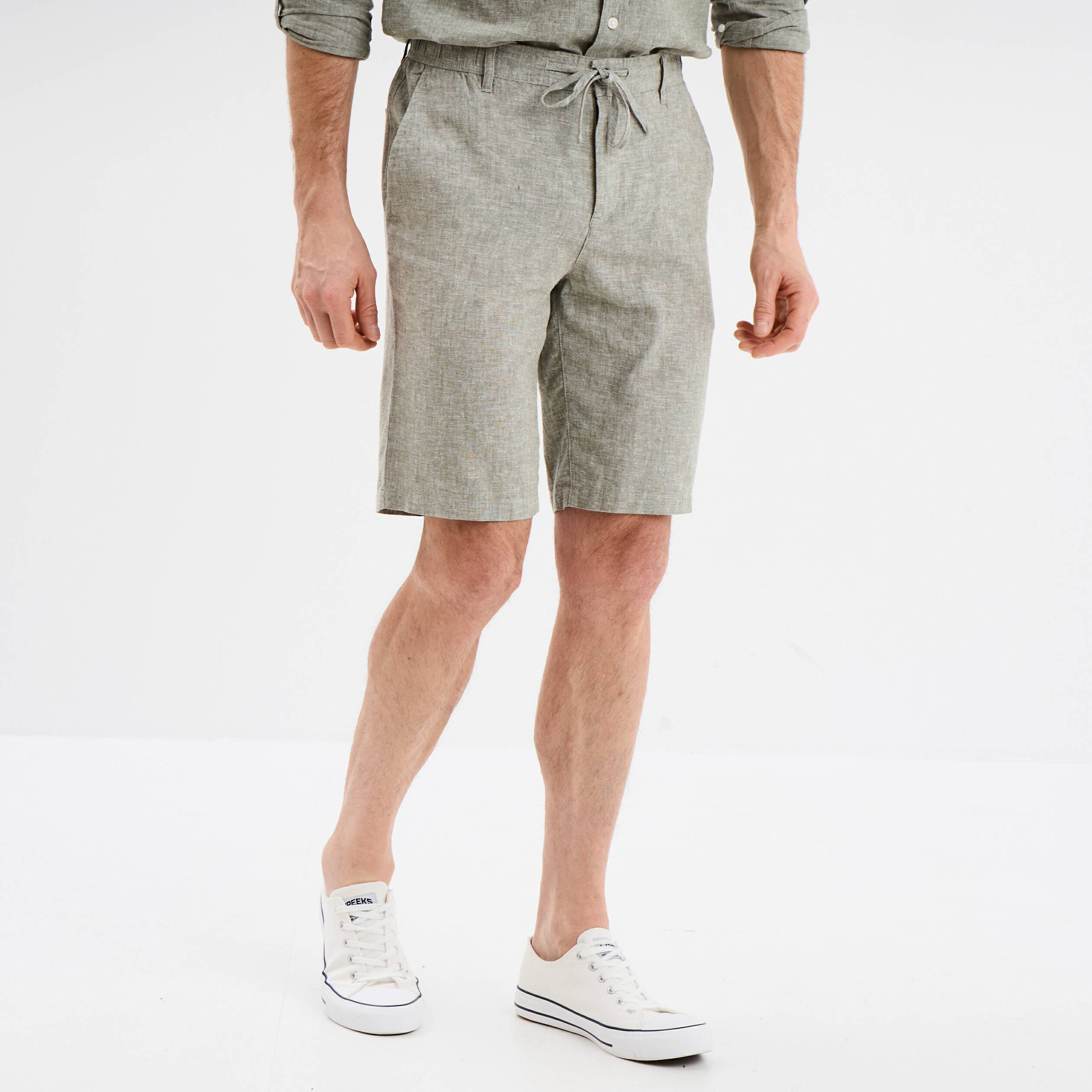 bermuda chino a coulisse lin melange vert kaki homme Bermuda chino à coulisse lin mélangé vert kaki homme
