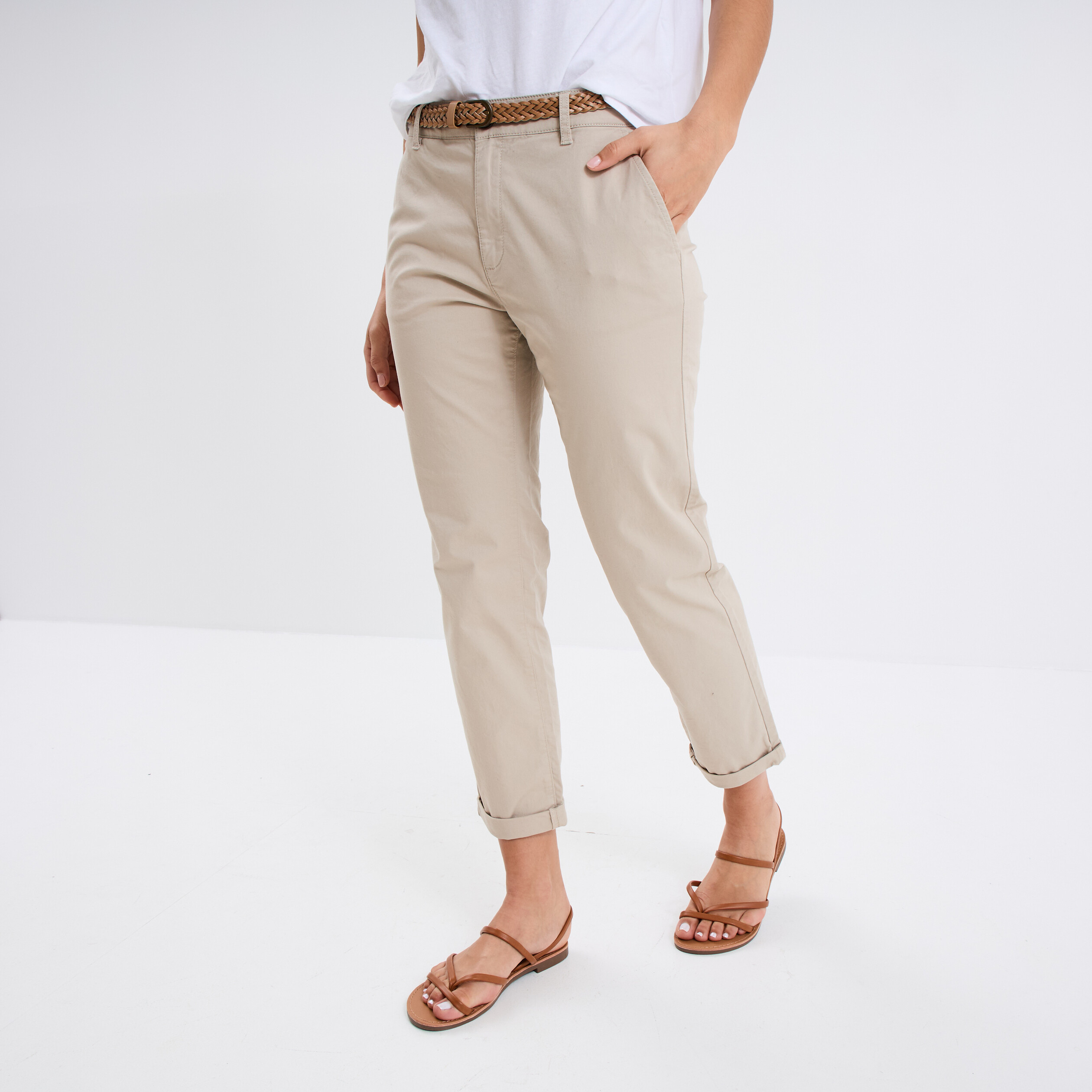 Pantalon Chino Stretch Pour Femme Kendindza - Tissu élégant Et Confortable - Coupe Ajustée - Avec Ceinture - Idéal Bureau Et Loisirs - 10