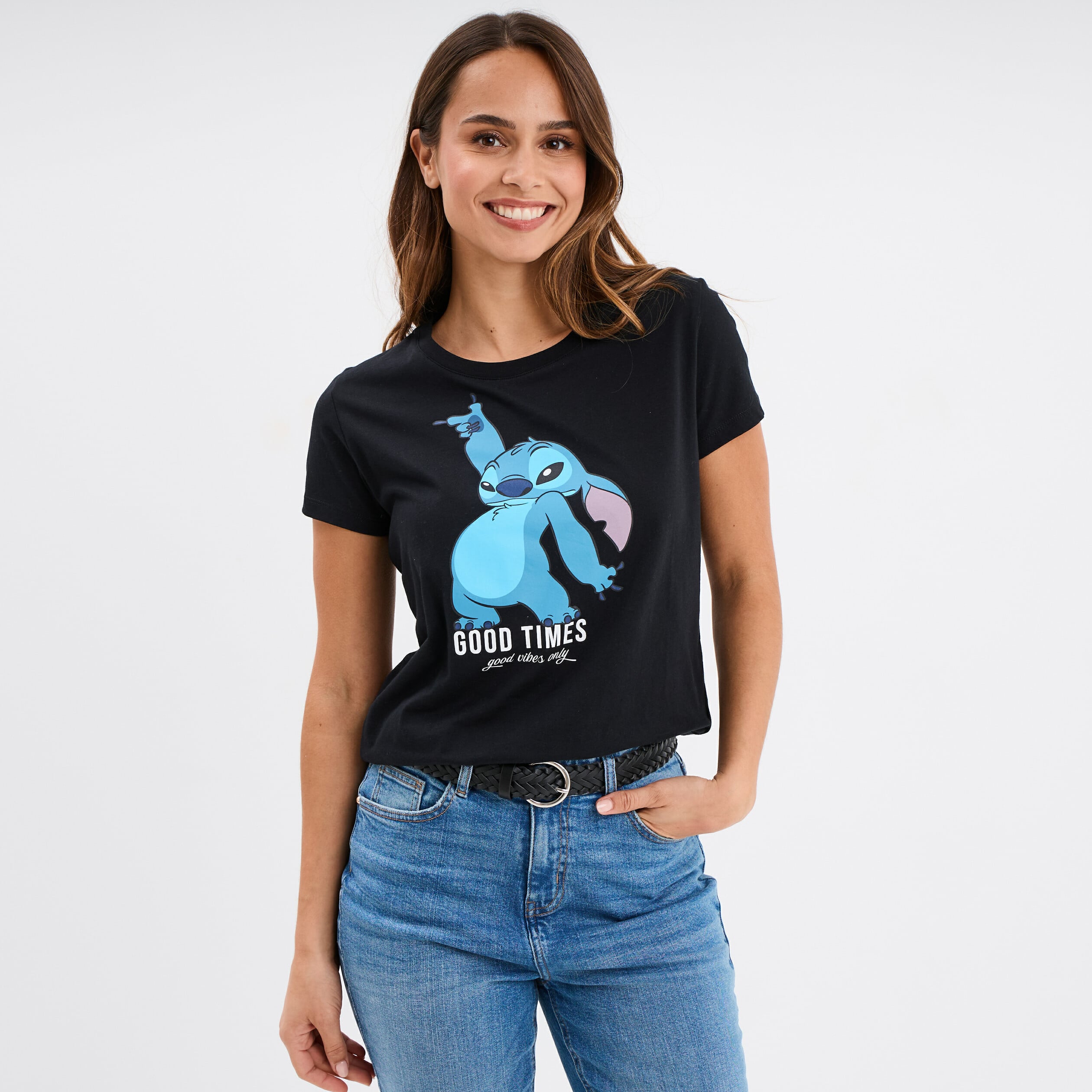 T-shirt manches courtes coton Stitch noir femme