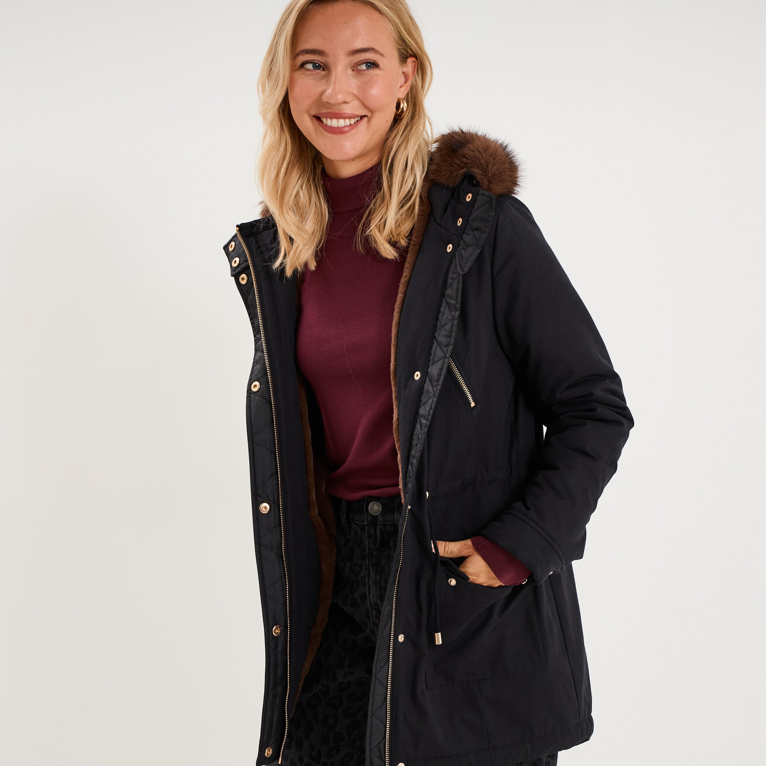 Parka cintr&eacute;e capuche fausse fourrure noir femme