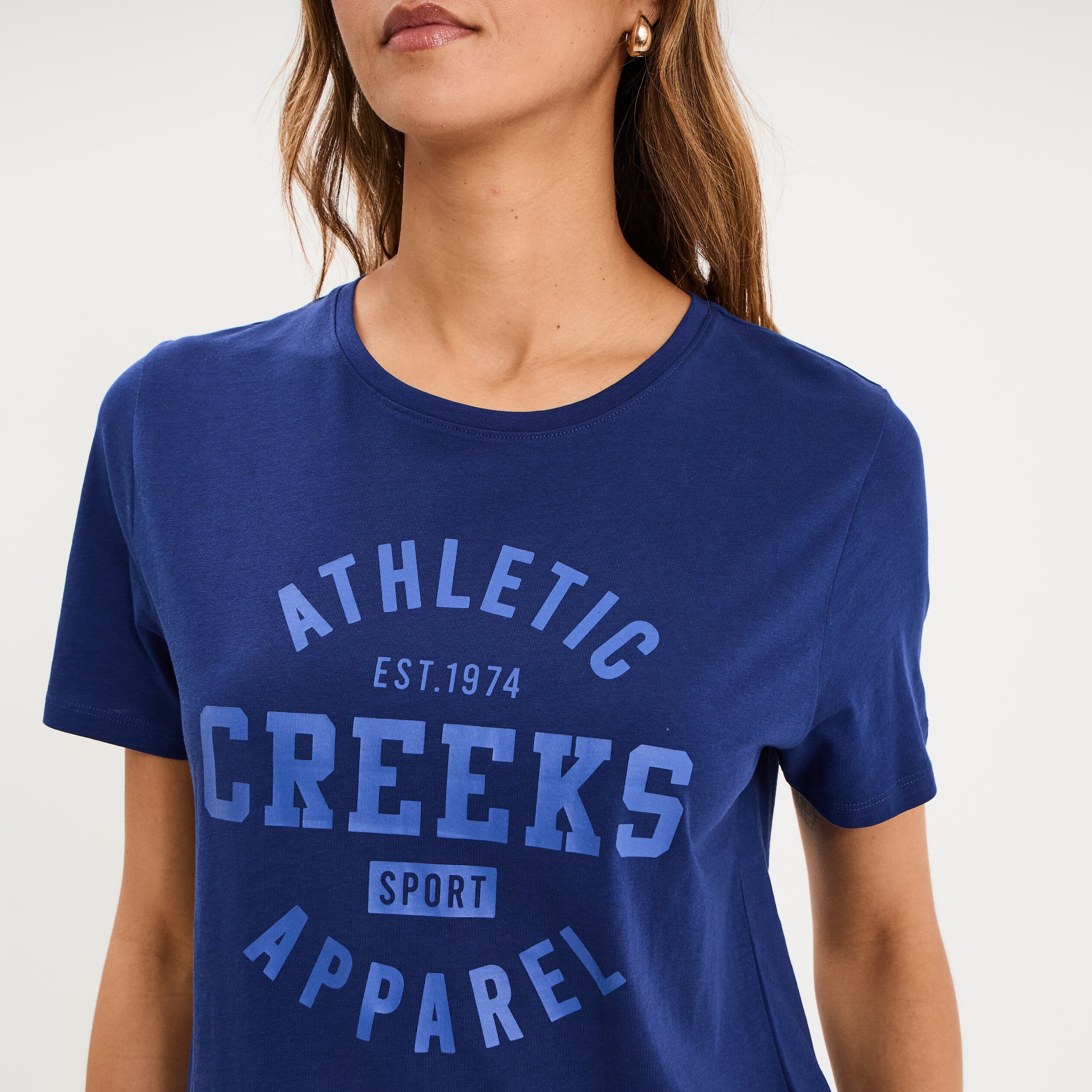 T-shirt col rond manches courtes bleu fonc&eacute; femme