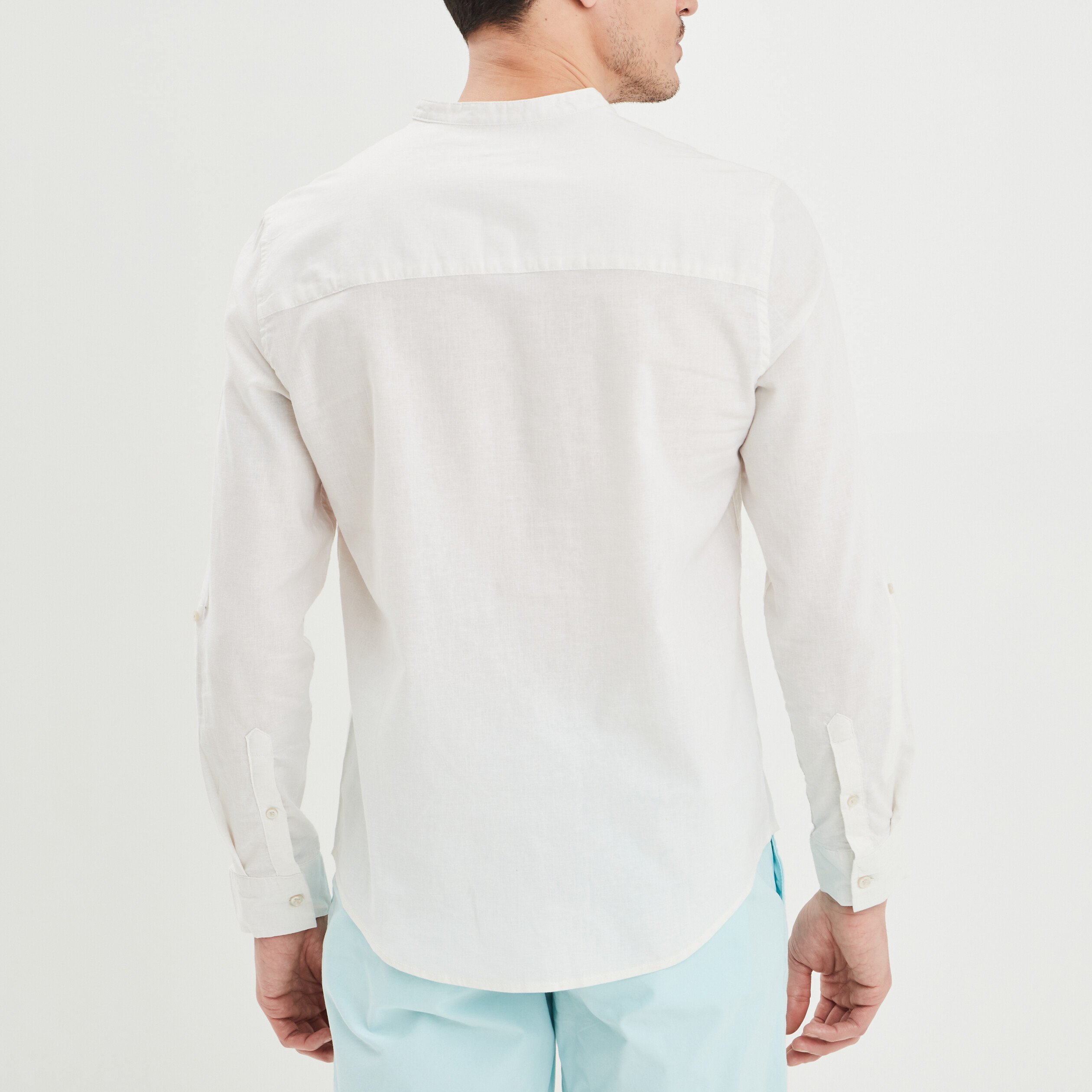 chemise col mao lin melange blanc homme Chemise col mao lin mélangé blanc homme