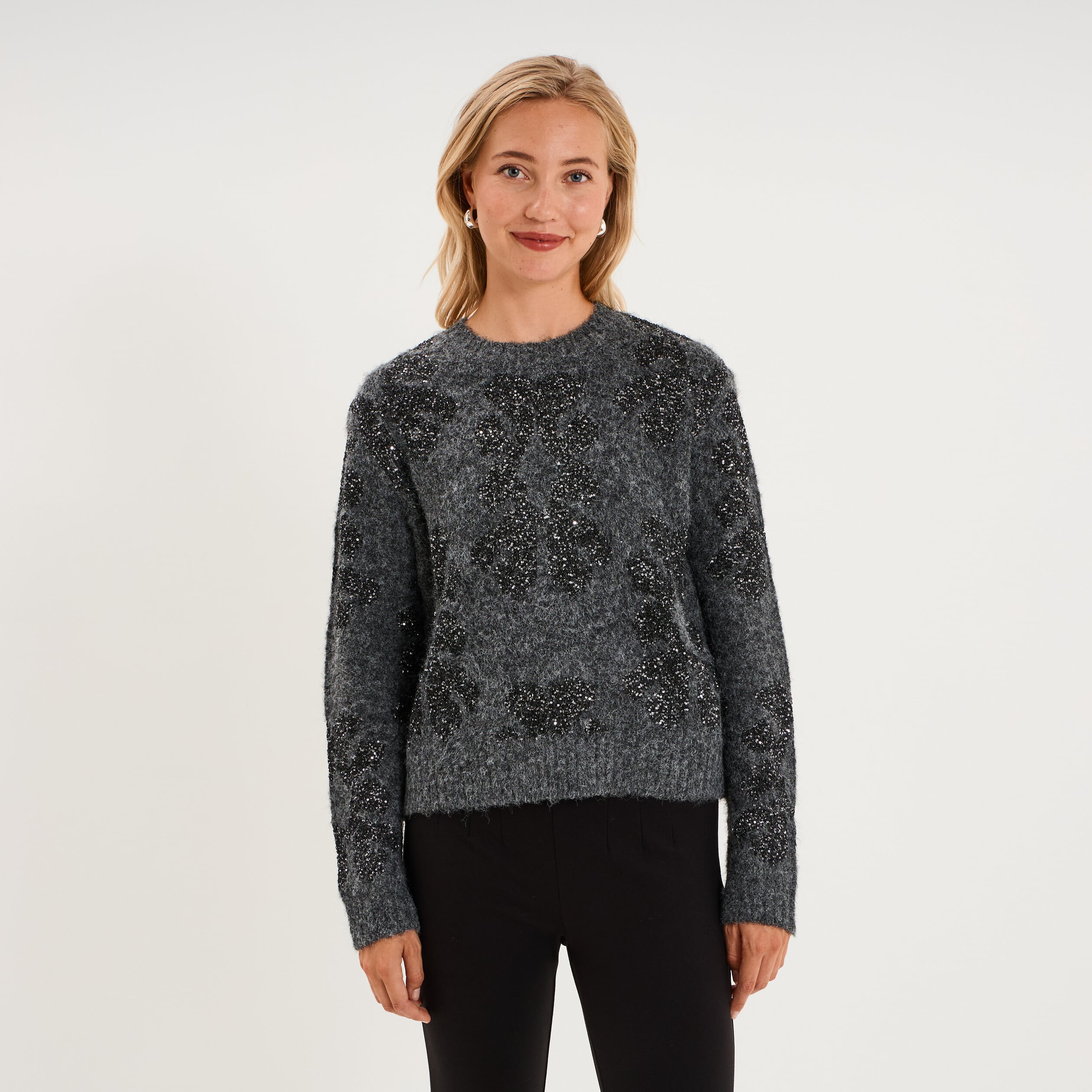 Pull col rond &agrave; sequins gris fonc&eacute; femme
