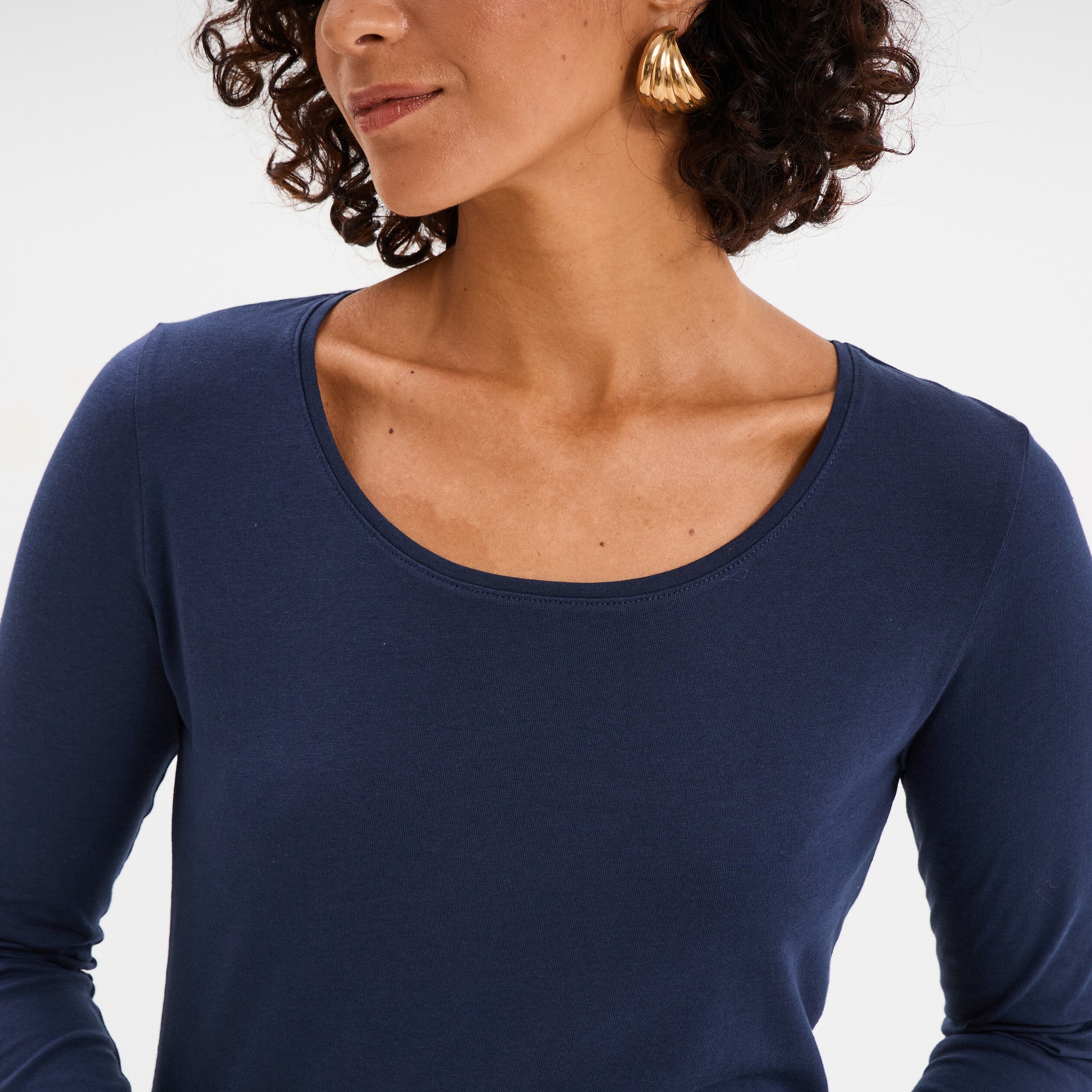 T-shirt coton col rond manches longues bleu marine femme