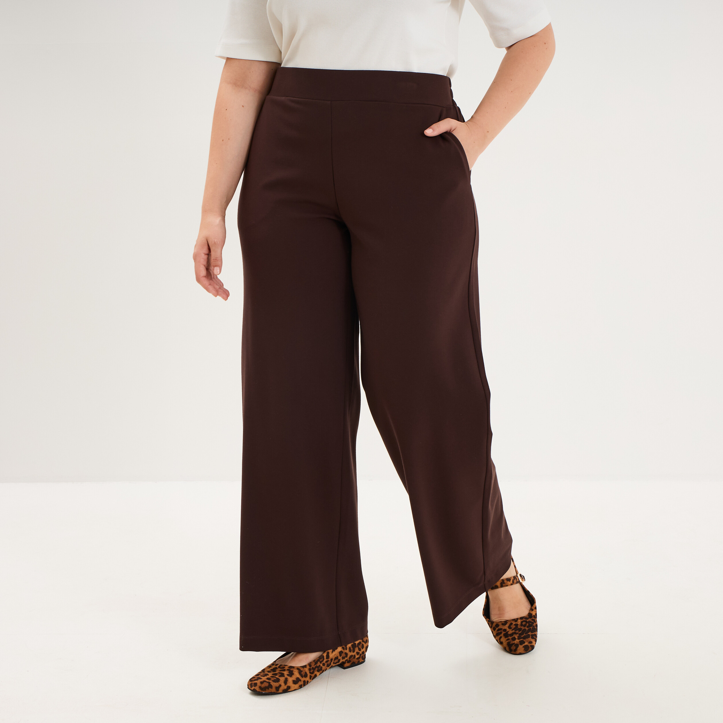 Pantalon large taille haute marron fonc&eacute; femme grande taille