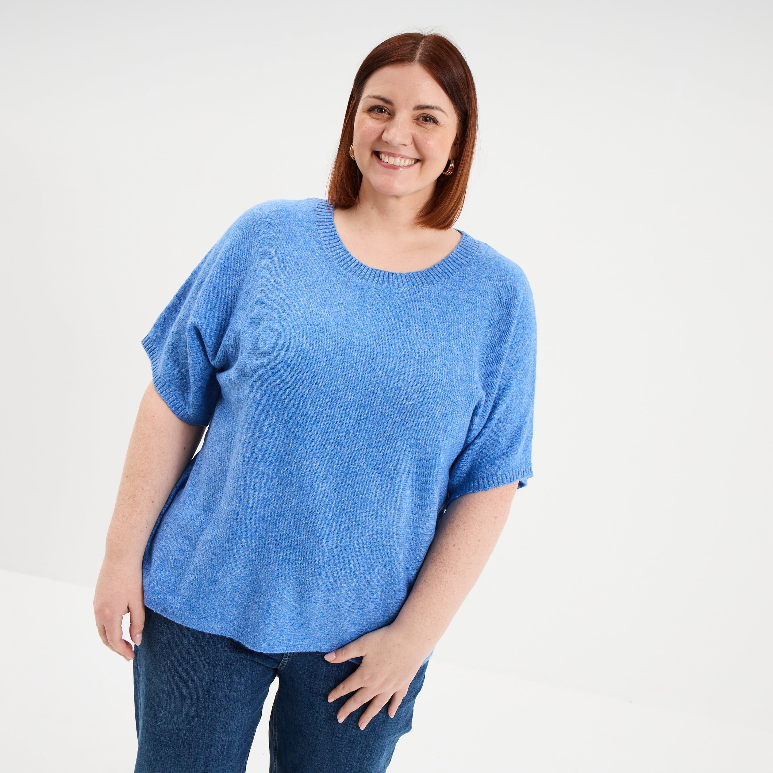 Pull manches courtes col rond bleu femme grande taille