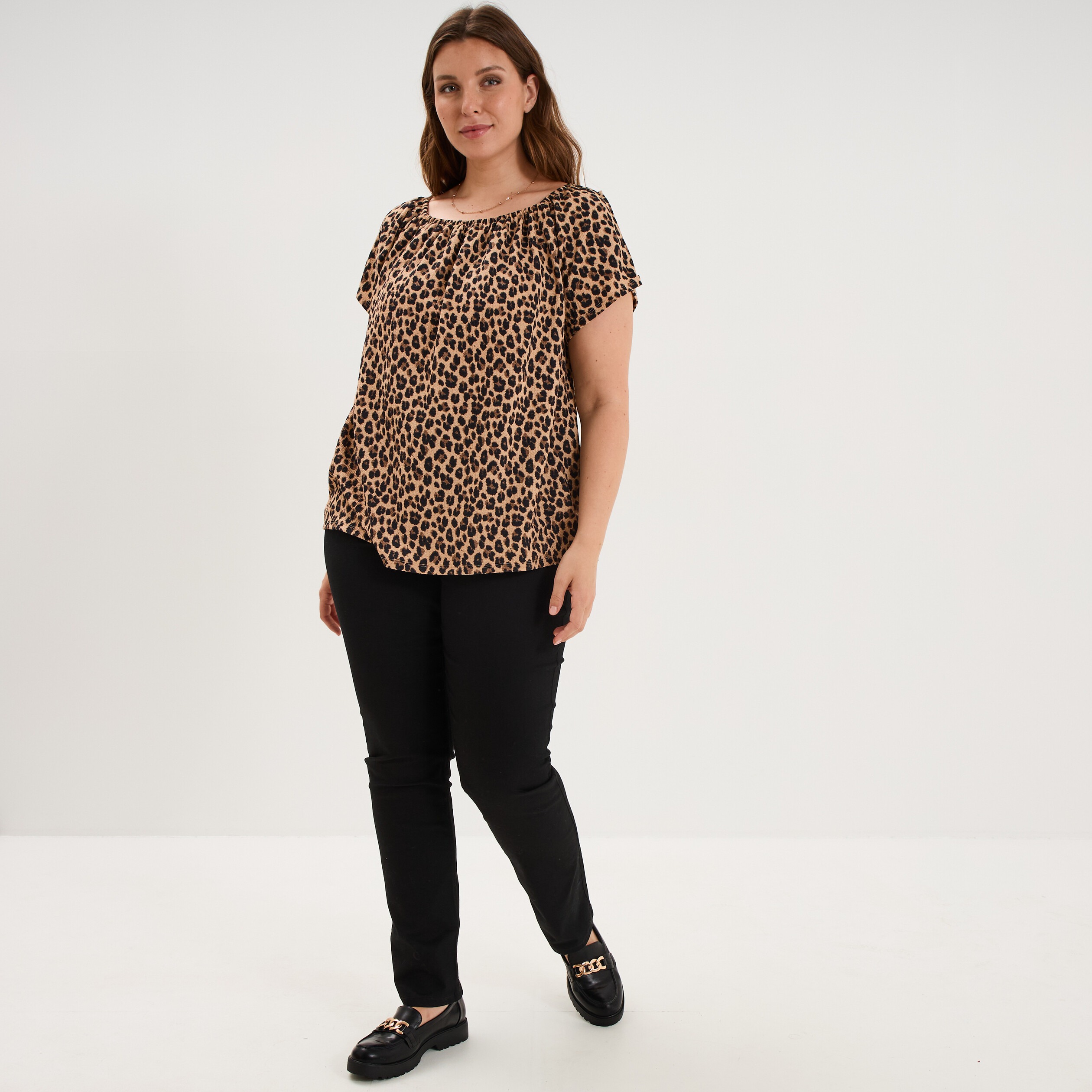 T-shirt gaufr&eacute; avec manches &agrave; noeuds beige clair femme grande taille
