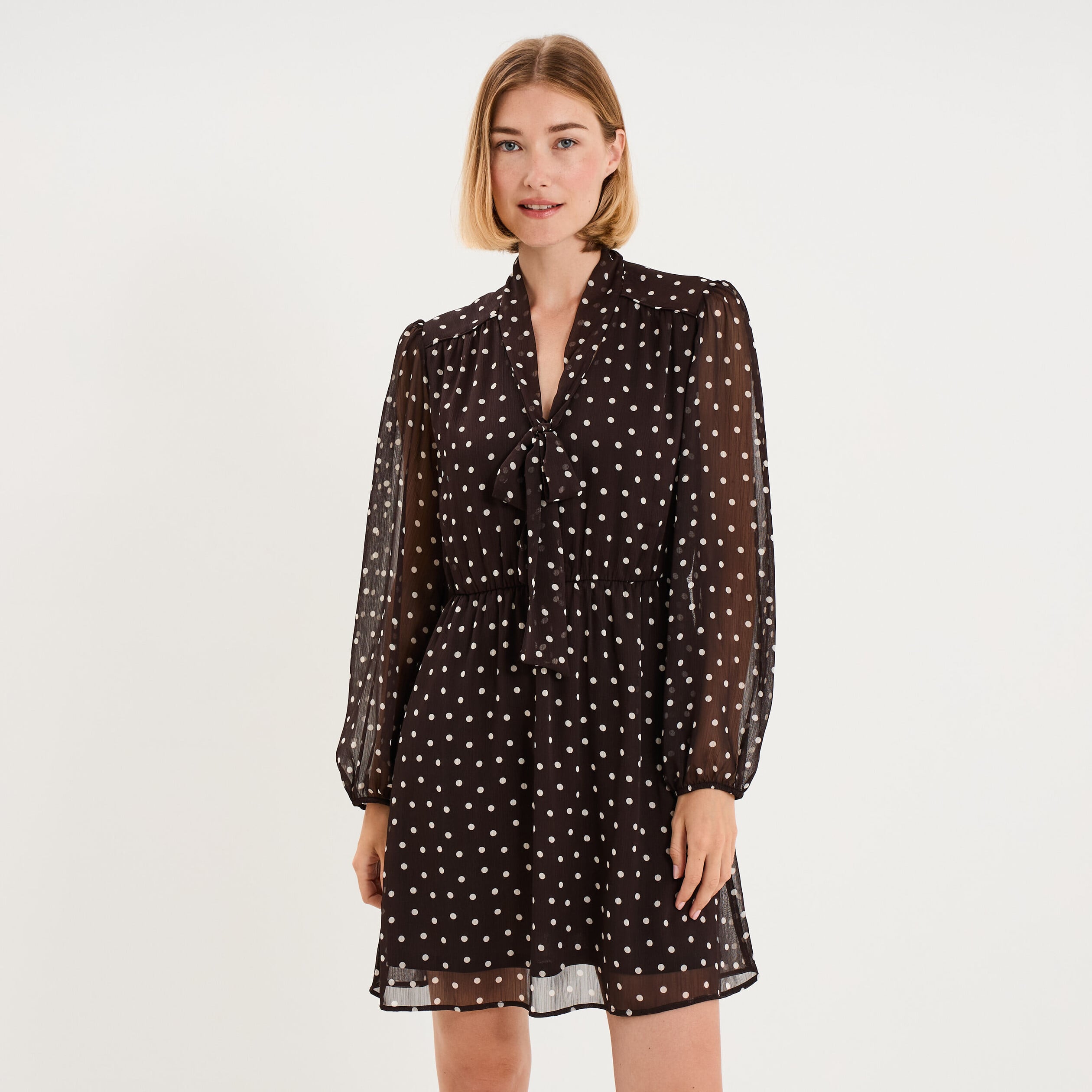Robe courte lavalli&egrave;re manches longues marron chocolat femme