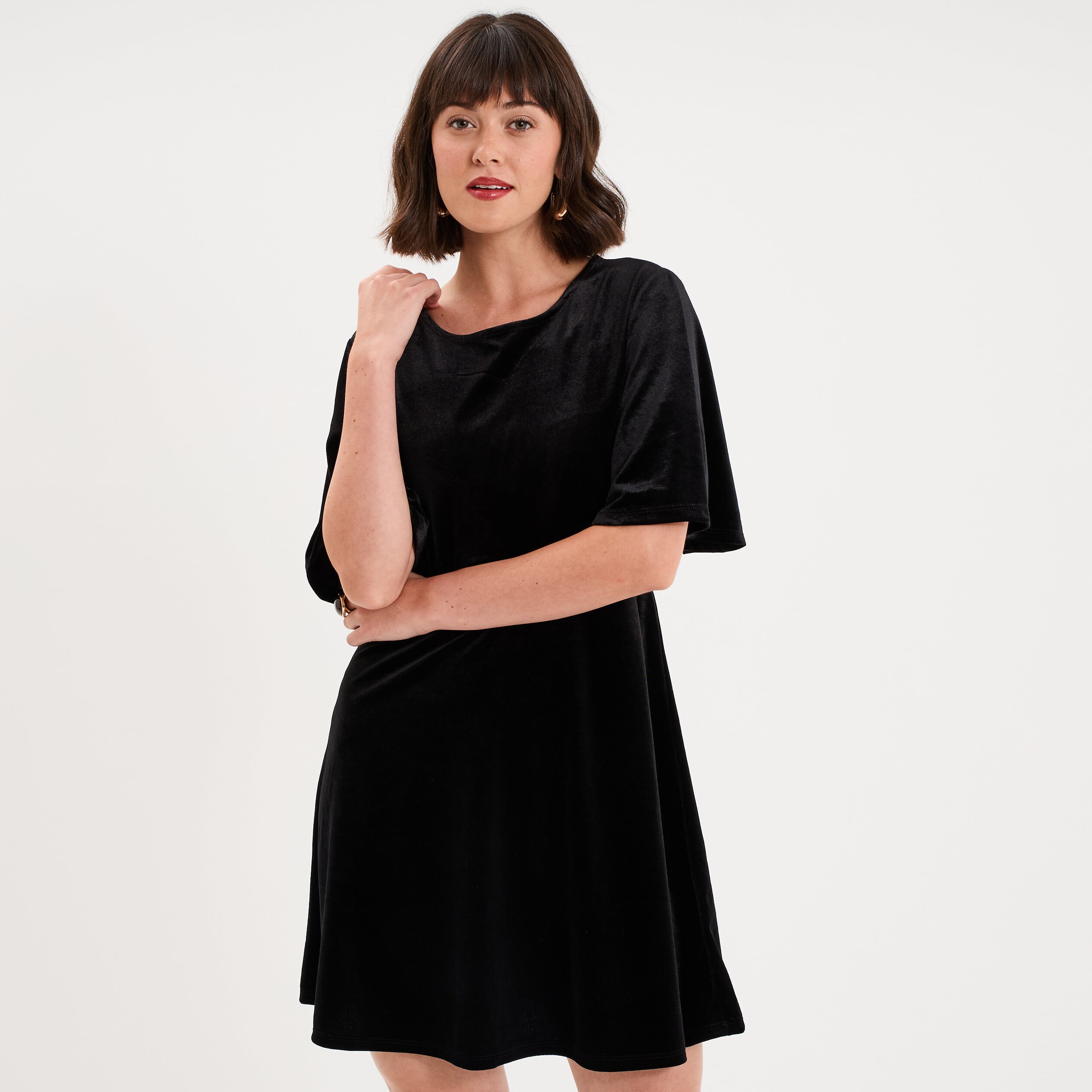 Robe courte en velours manches courtes noir femme