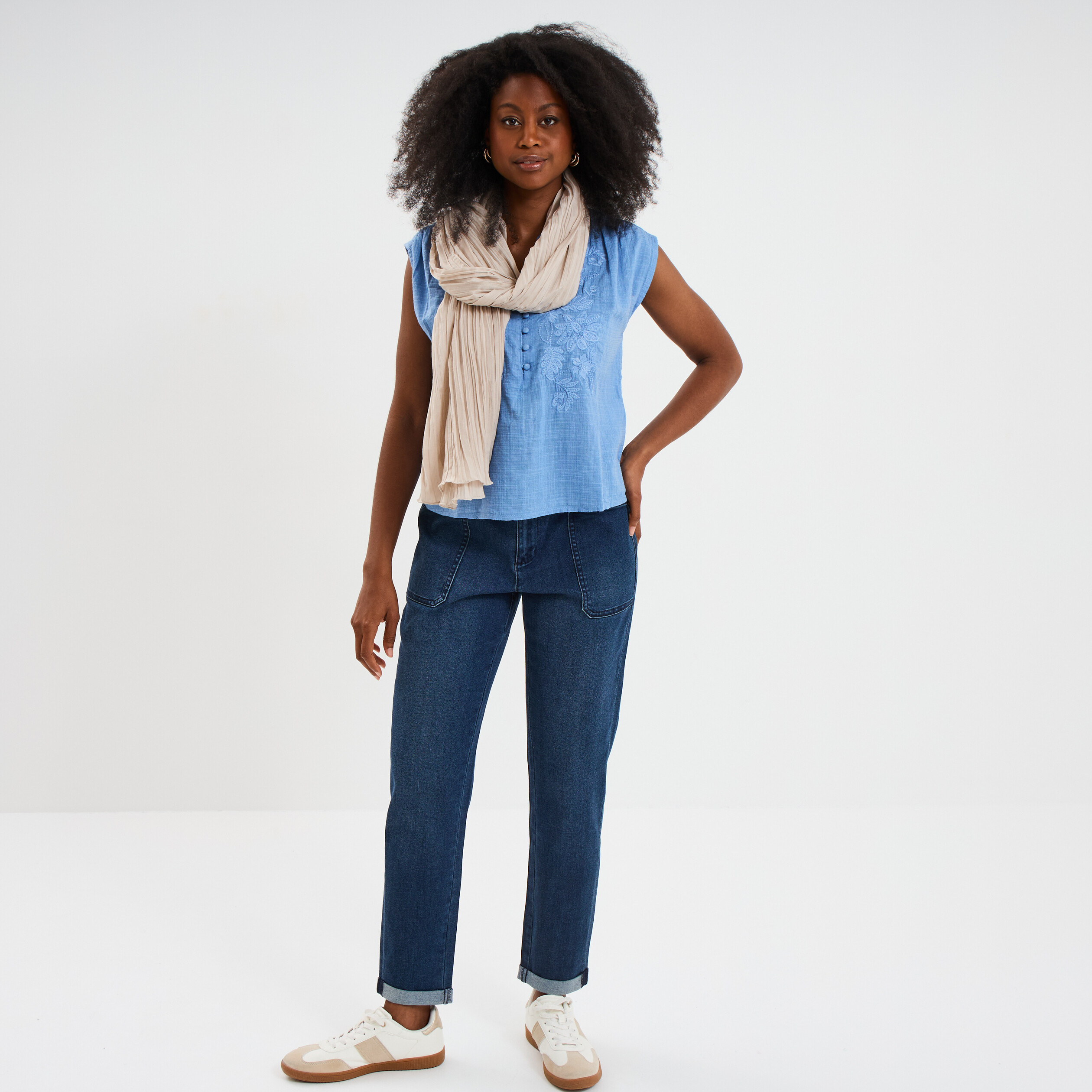 blouse col tunisien sans manches coton bleu clair femme Blouse col tunisien sans manches coton bleu clair femme