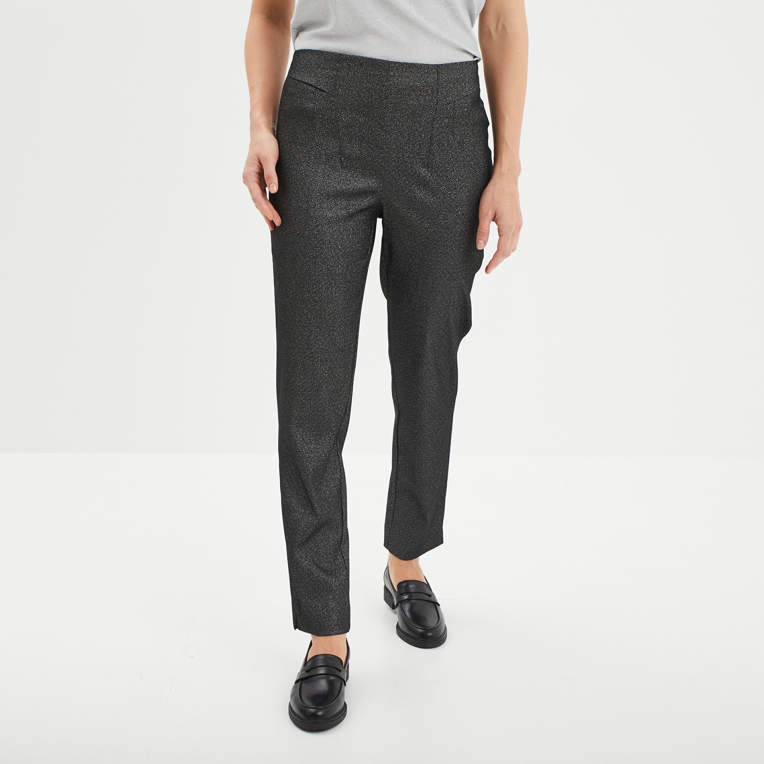 Pantalon slim fils metallises gris argent femme La Halle