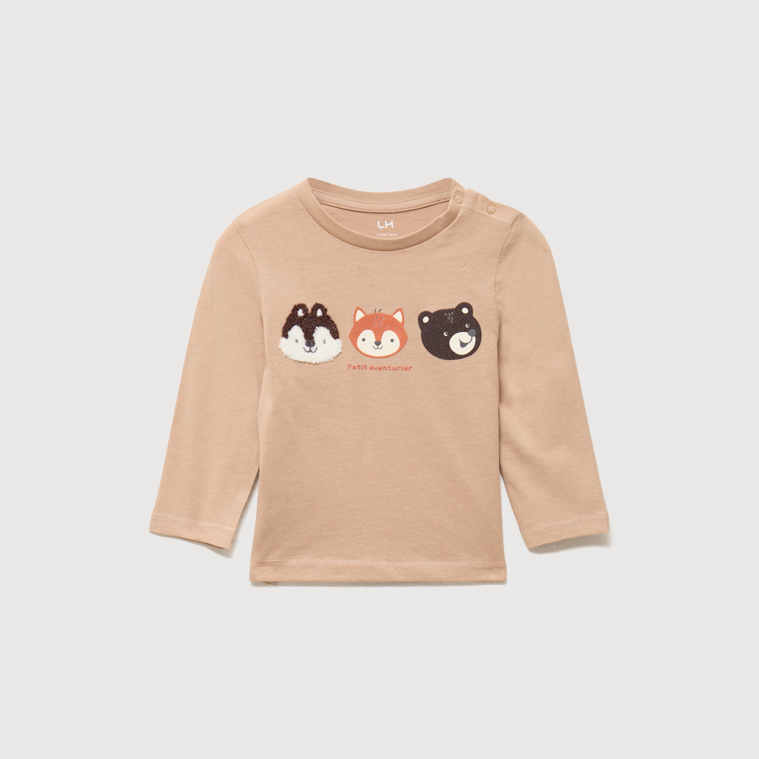 T-shirt &eacute;paule boutonn&eacute;e coton marron clair b&eacute;b&eacute; gar&ccedil;on