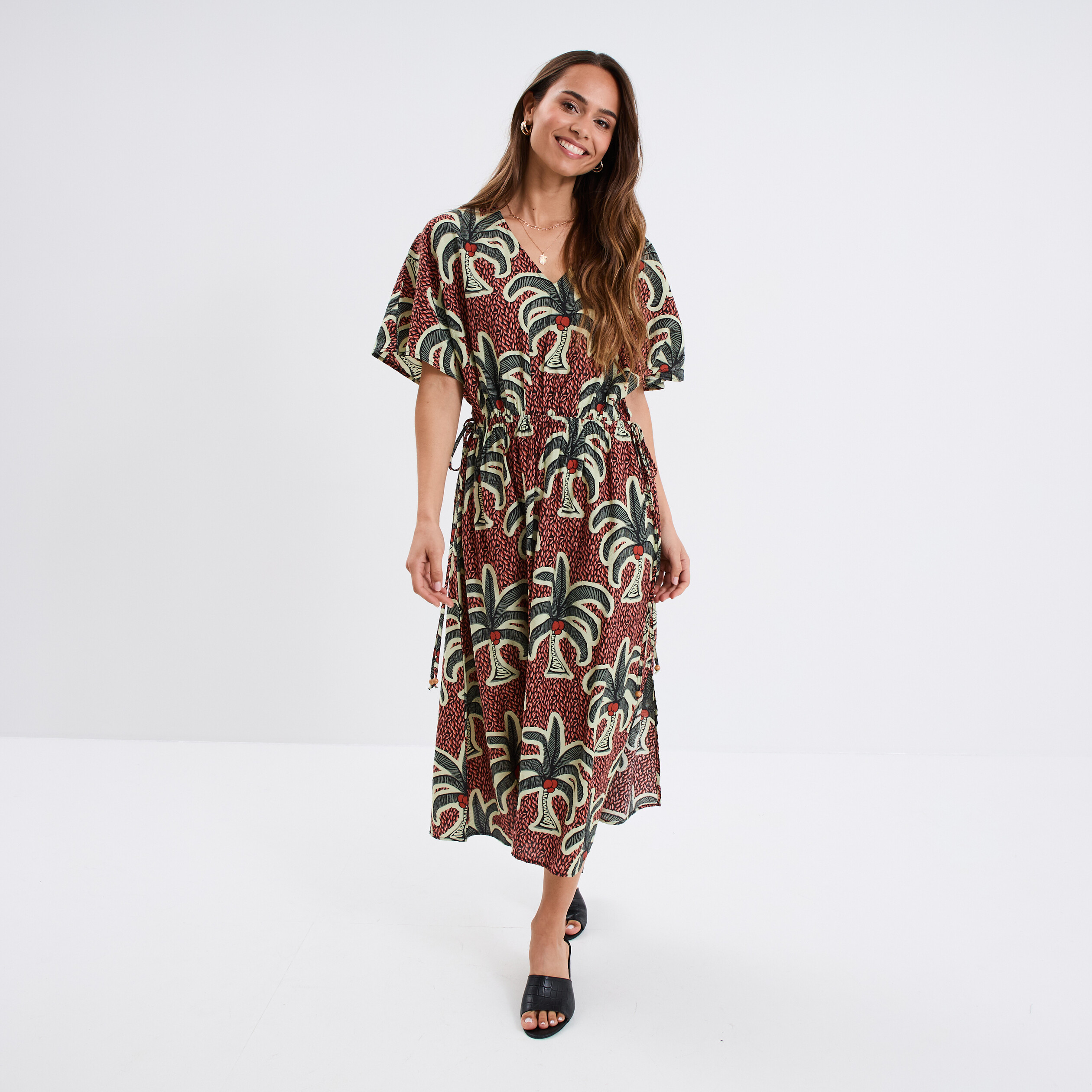 Robe longue cordons nou&eacute;s taille bordeaux femme