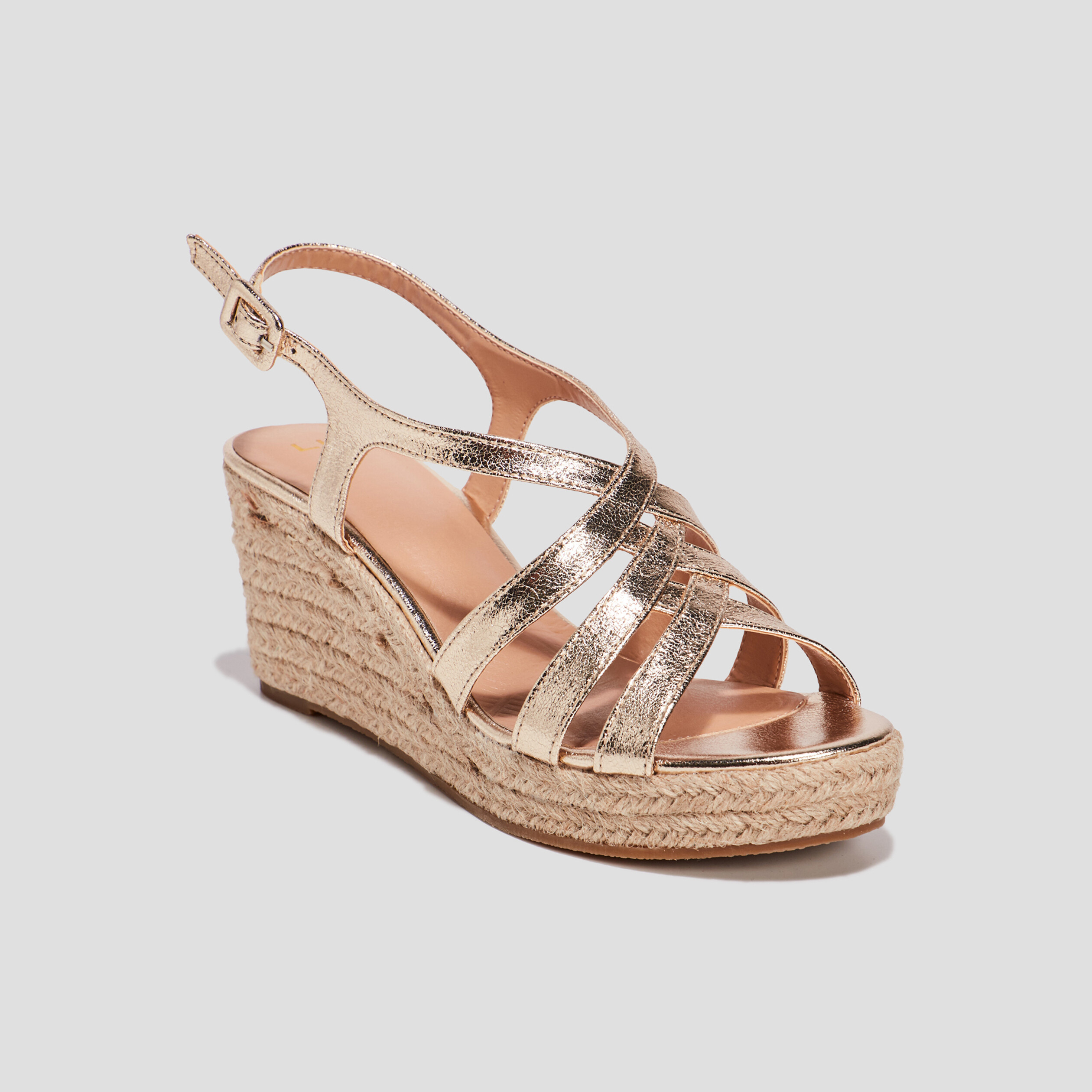 Sandales compens&eacute;es brides crois&eacute;es jaune or femme