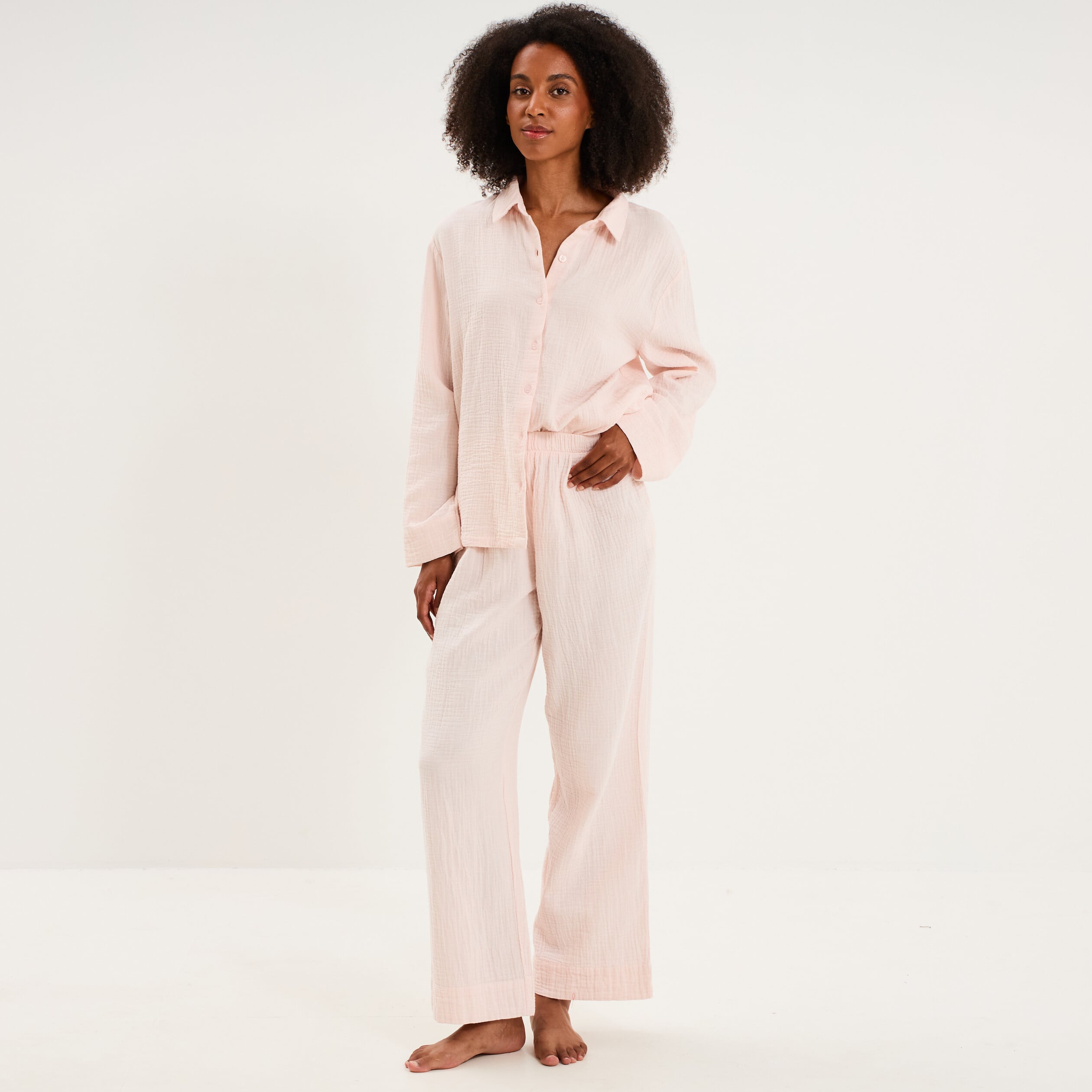 Ensemble pyjama chemise gaze de coton rose clair femme