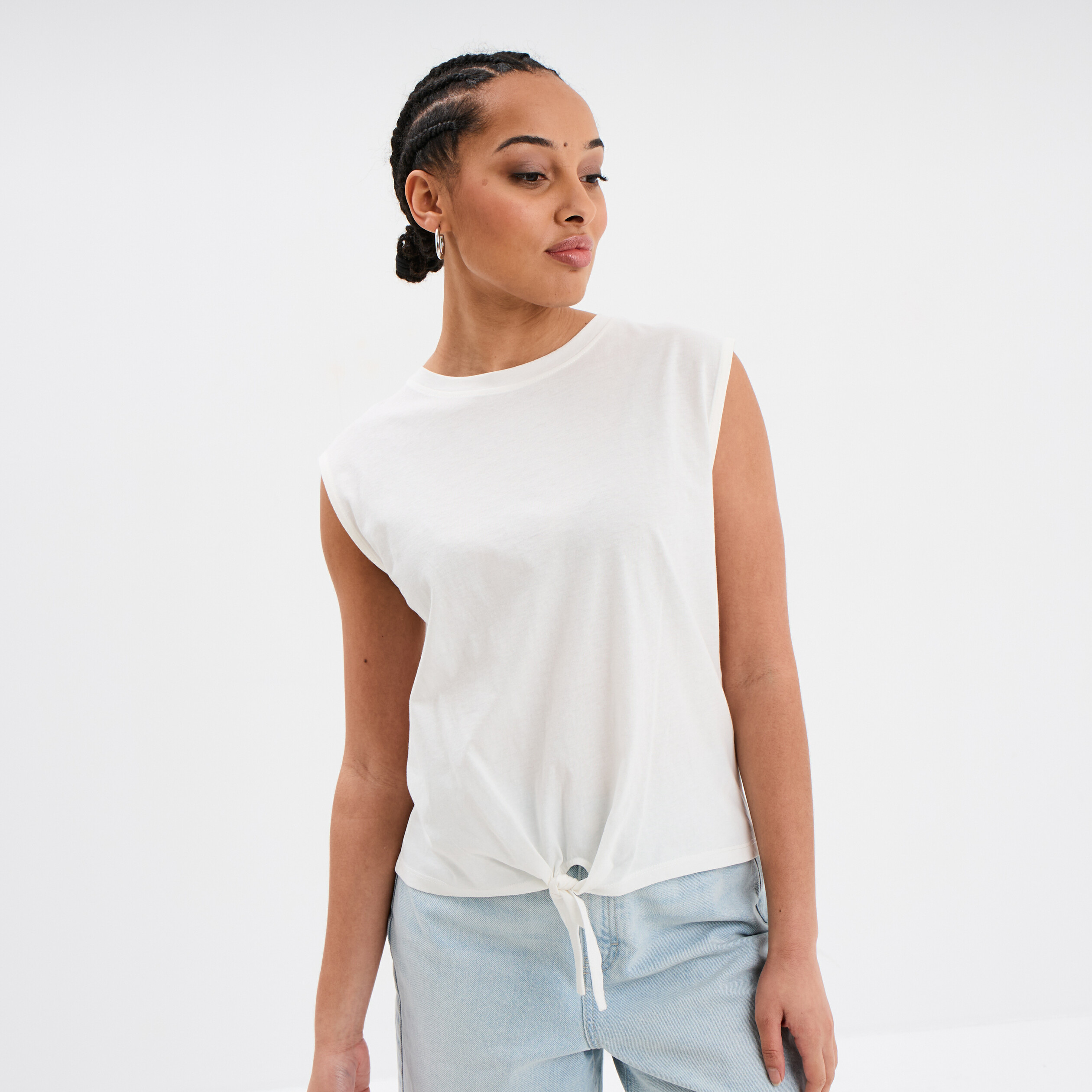 debardeur noue sans manches coton blanc femme Débardeur noué sans manches coton blanc femme