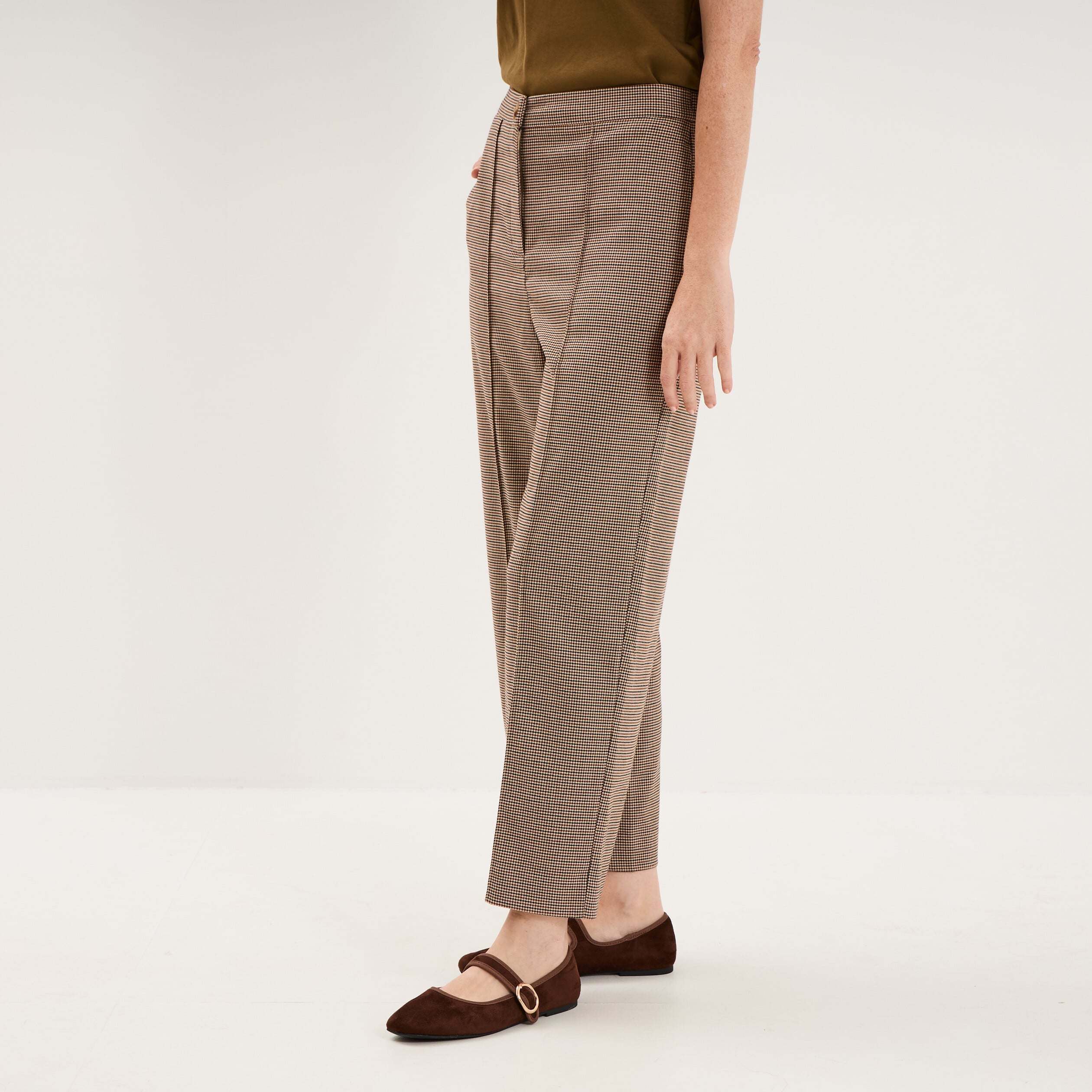 Pantalon droit cropped taille haute marron femme