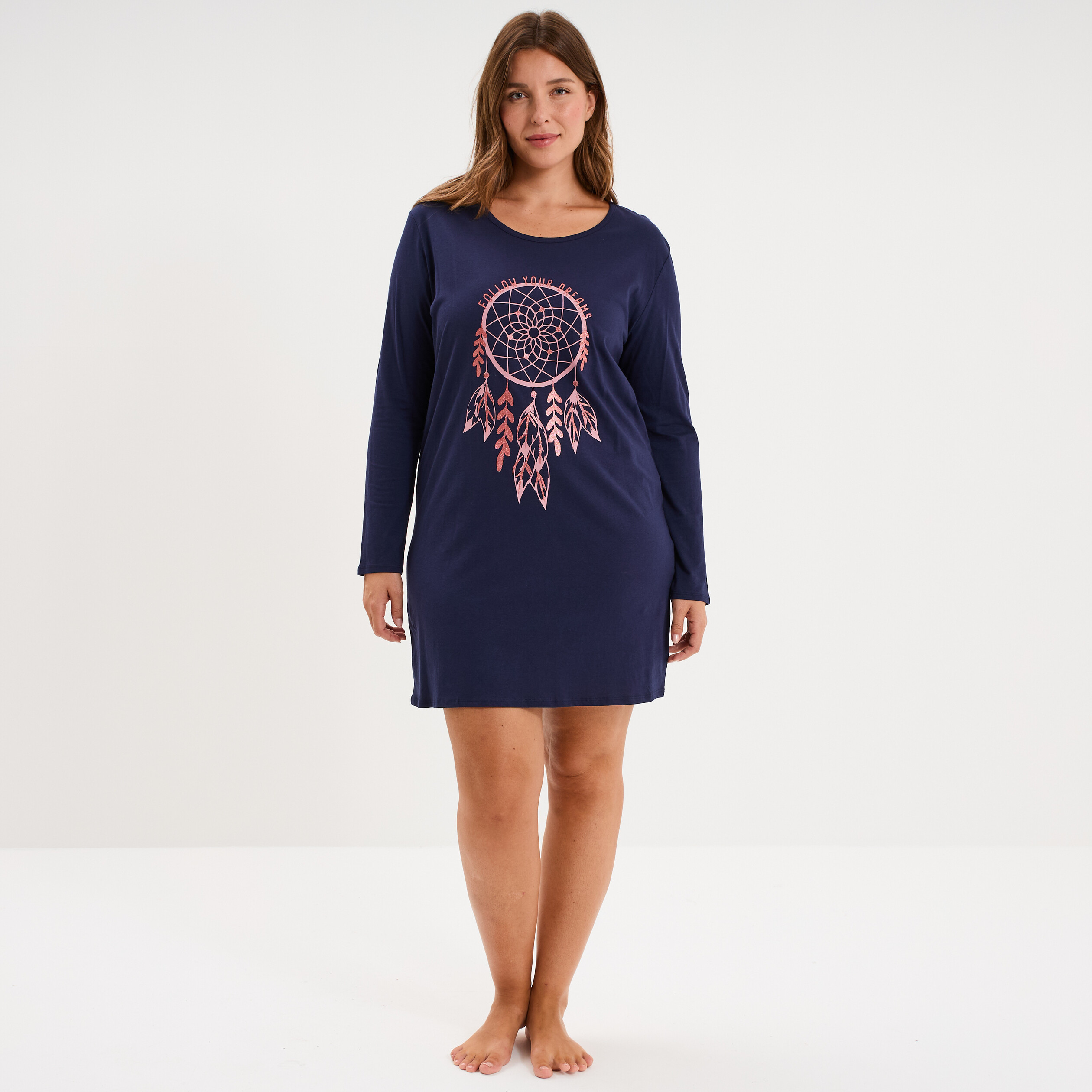 Chemise de nuit courte manches longues bleu marine femme grande taille