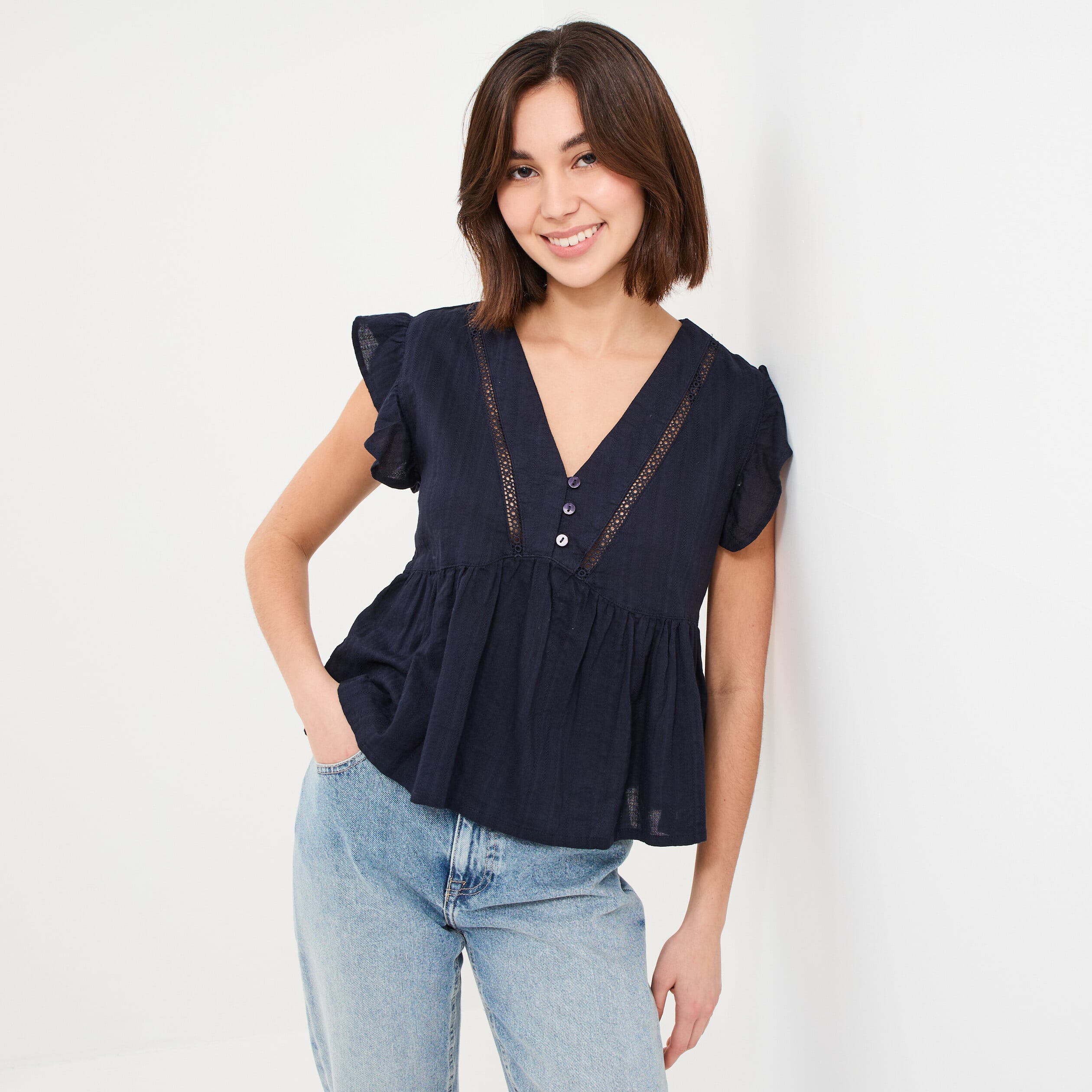 Blouse manches volants col en V coton bleu fonc&eacute; femme