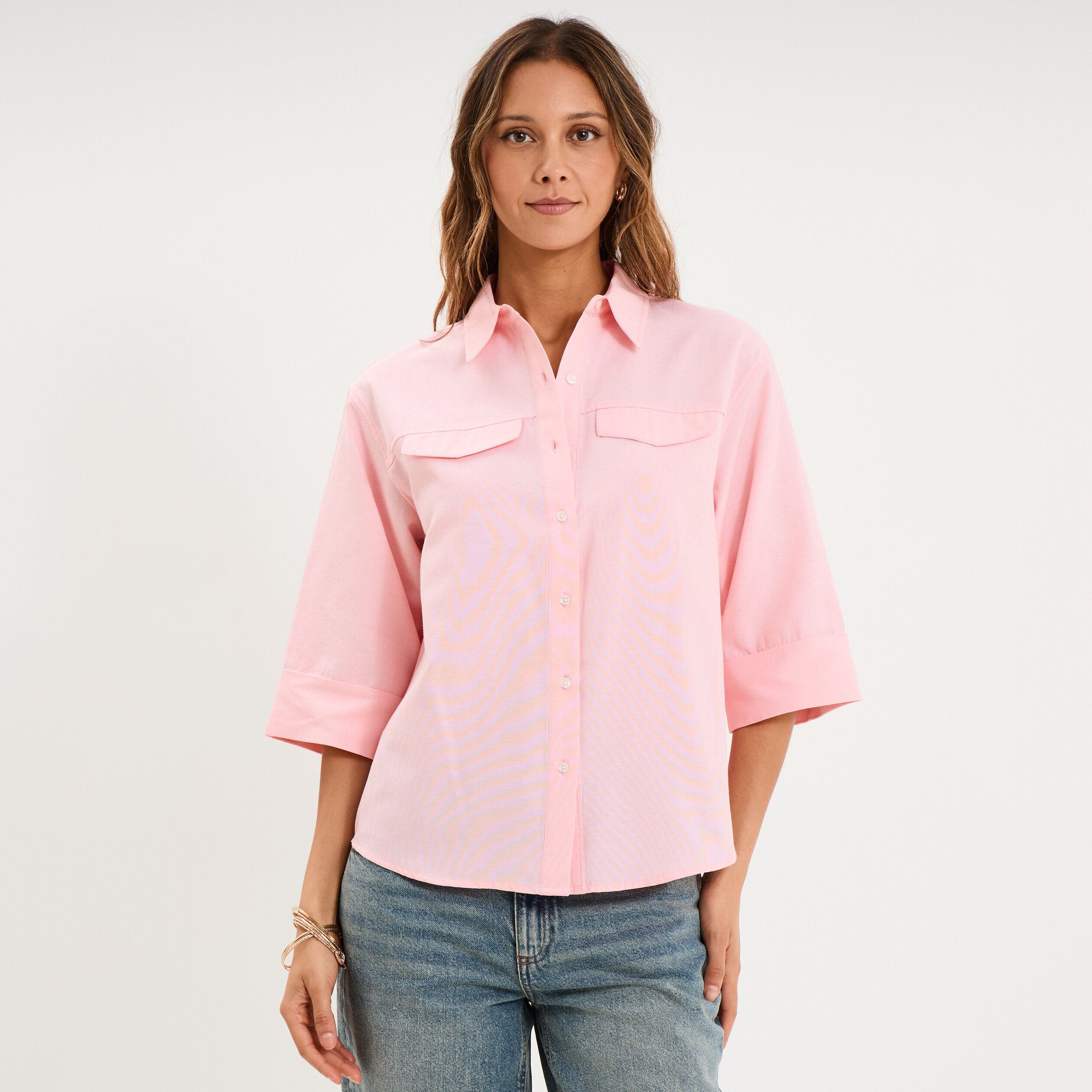 Chemise manches 3/4 poches poitrine rose clair femme