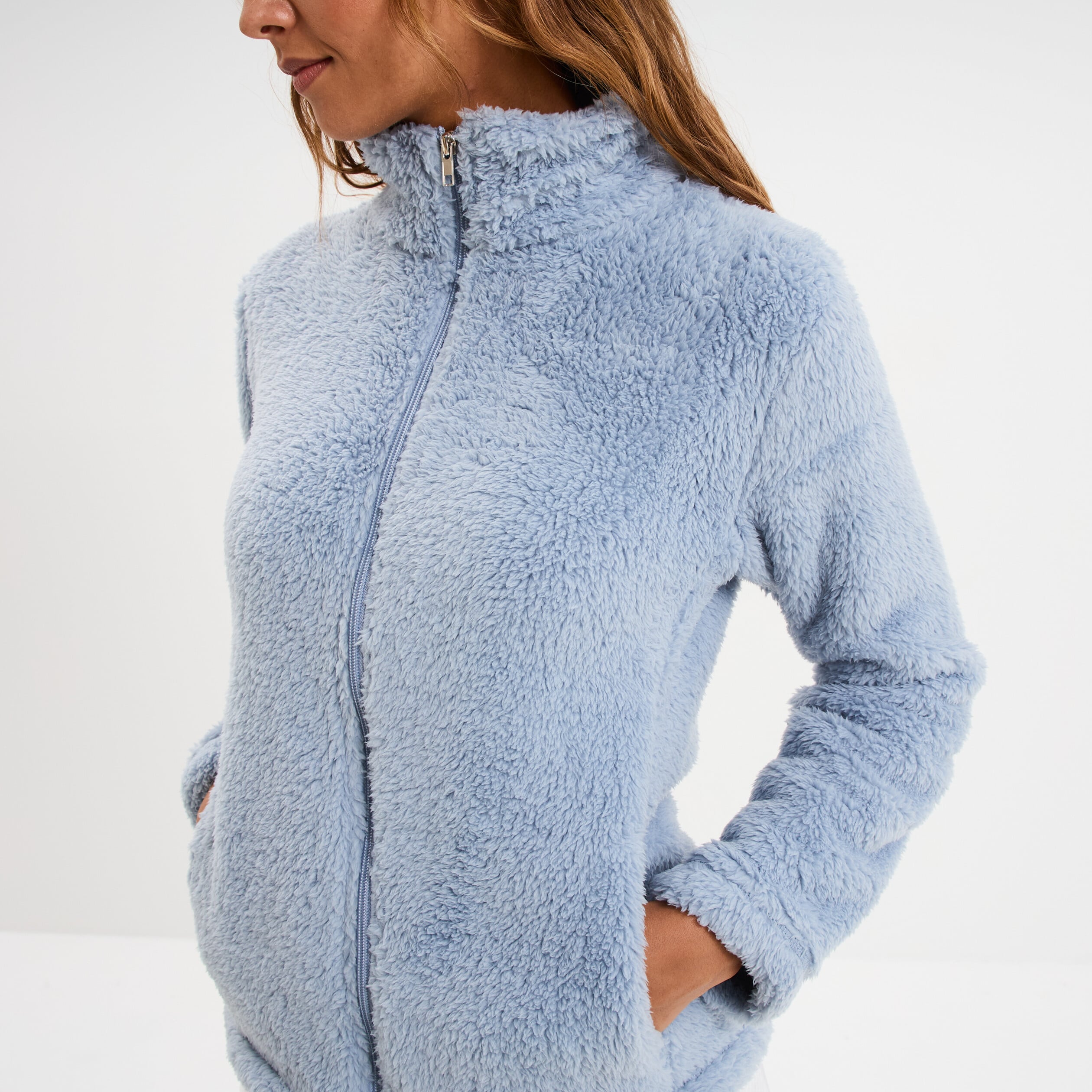 Veste effet polaire col montant bleu gris femme