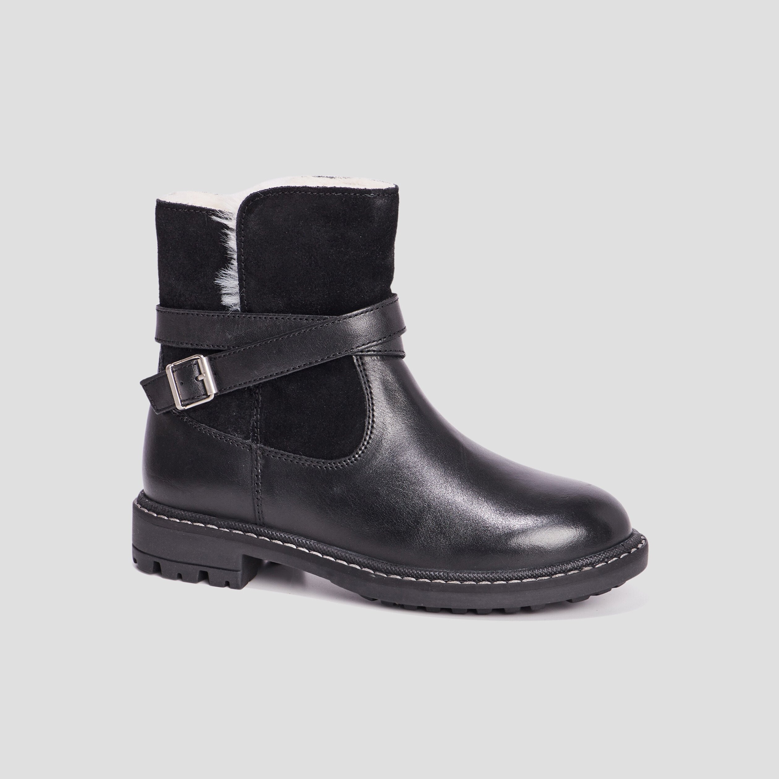 Bottines fourrees avec boucles en cuir noir fille