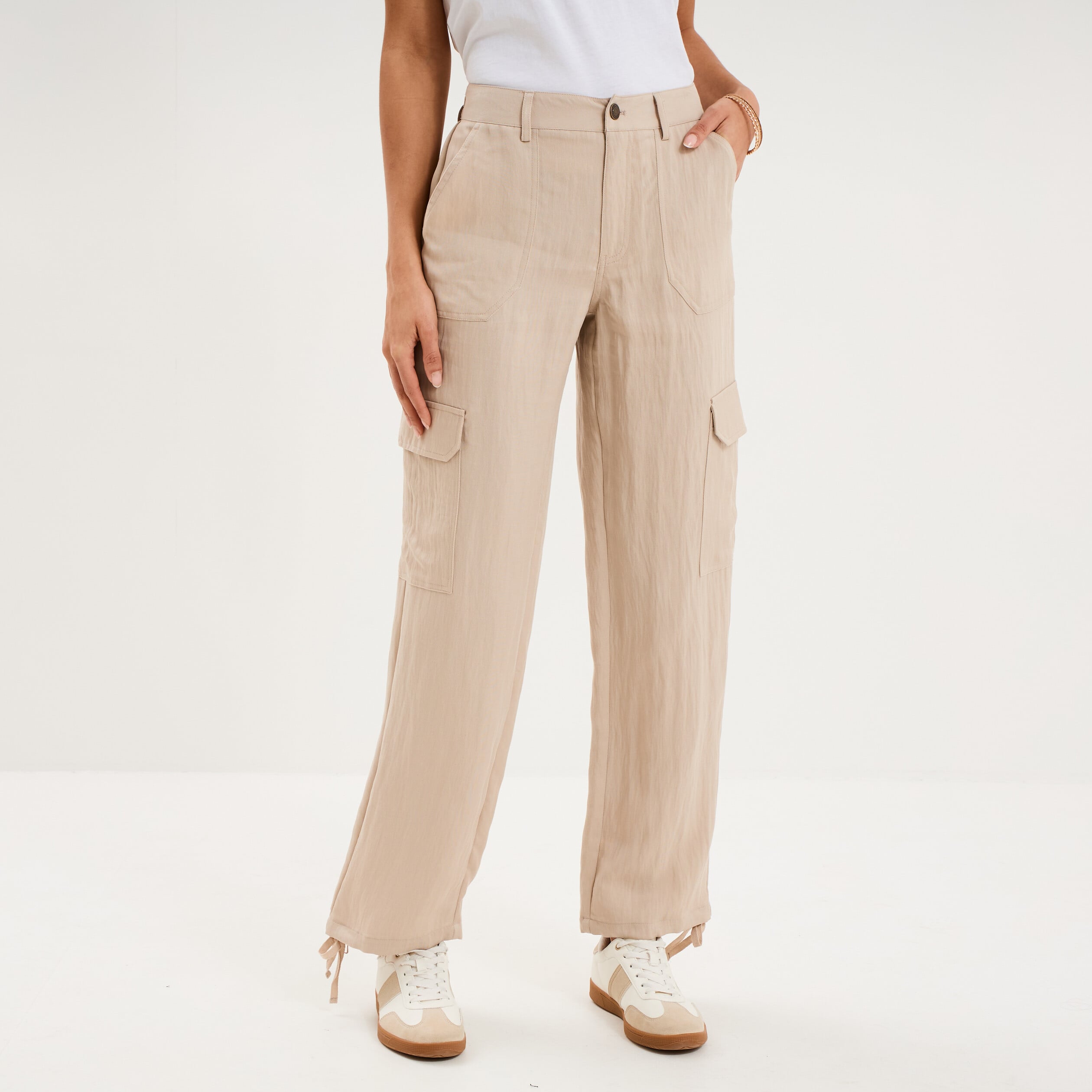 Pantalon cargo taille &eacute;lastiqu&eacute;e lyocell beige femme