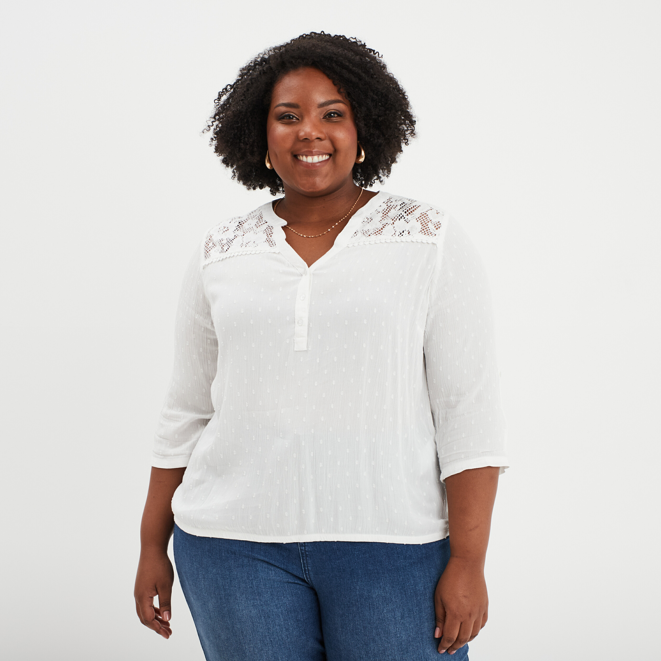 blouse plumetis avec epaules dentelle blanc femmegt Blouse plumetis avec épaules dentelle blanc femme grande taille