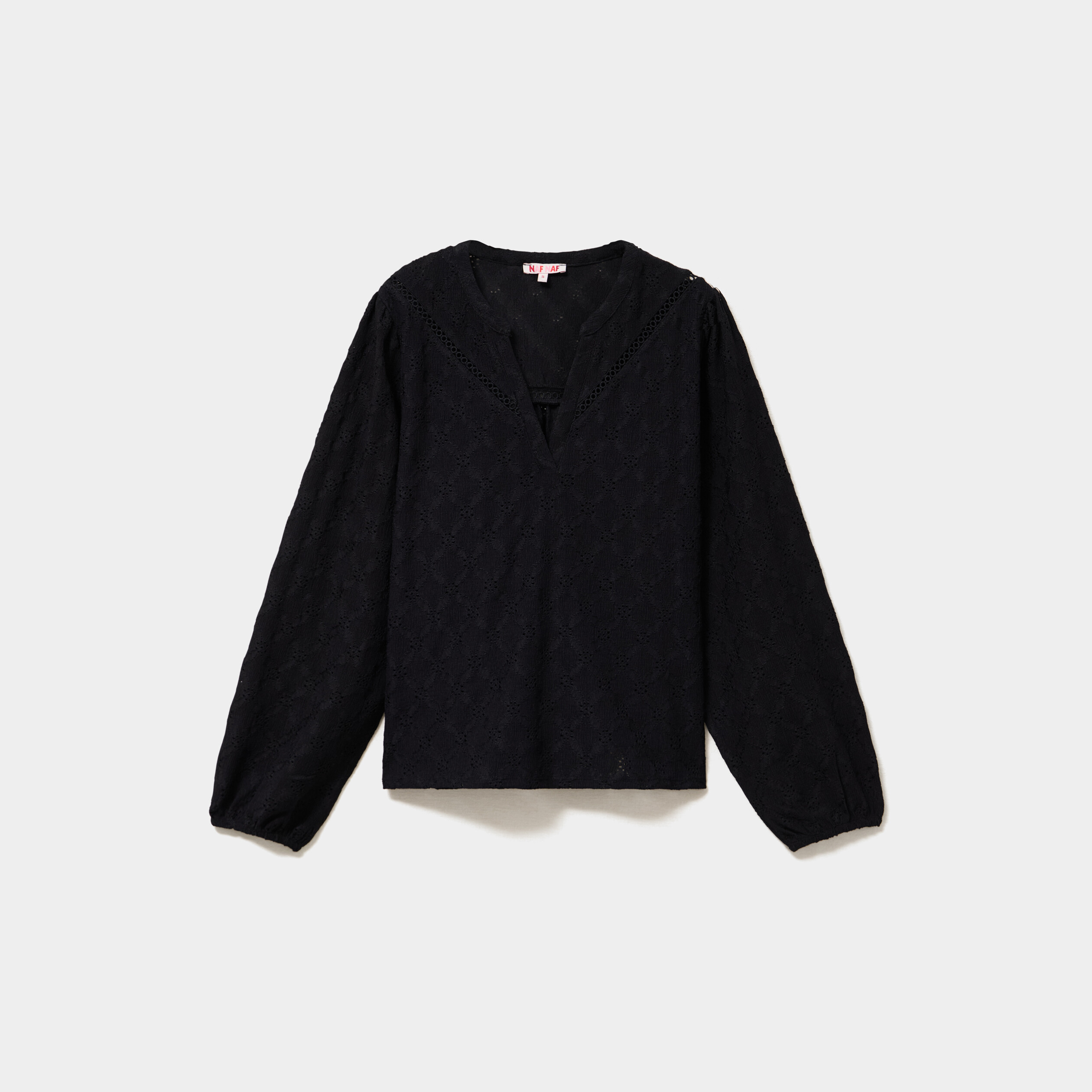 Blouse broderie anglaise col tunisien noir femme