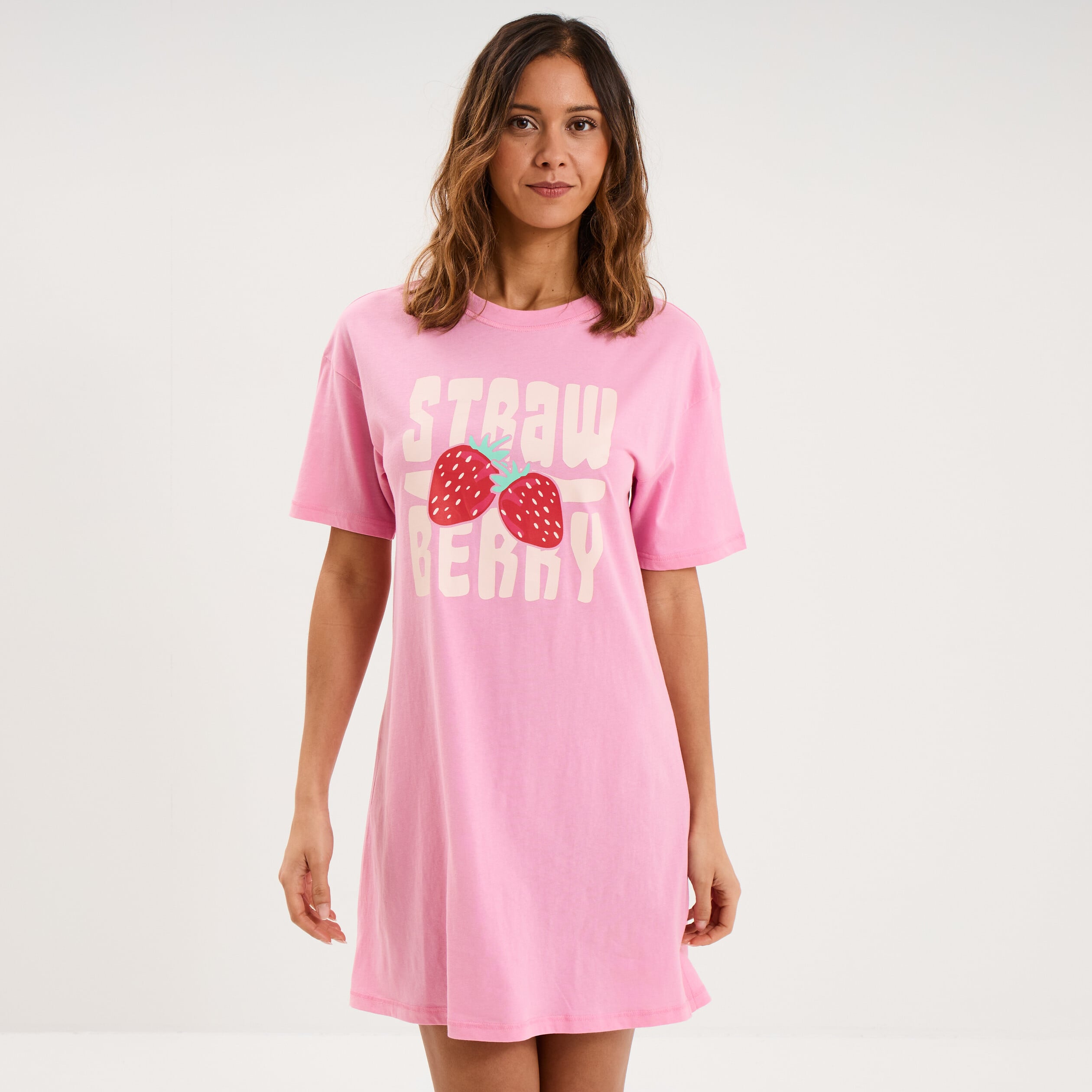 Chemise de nuit &agrave; manches courtes coton rose femme