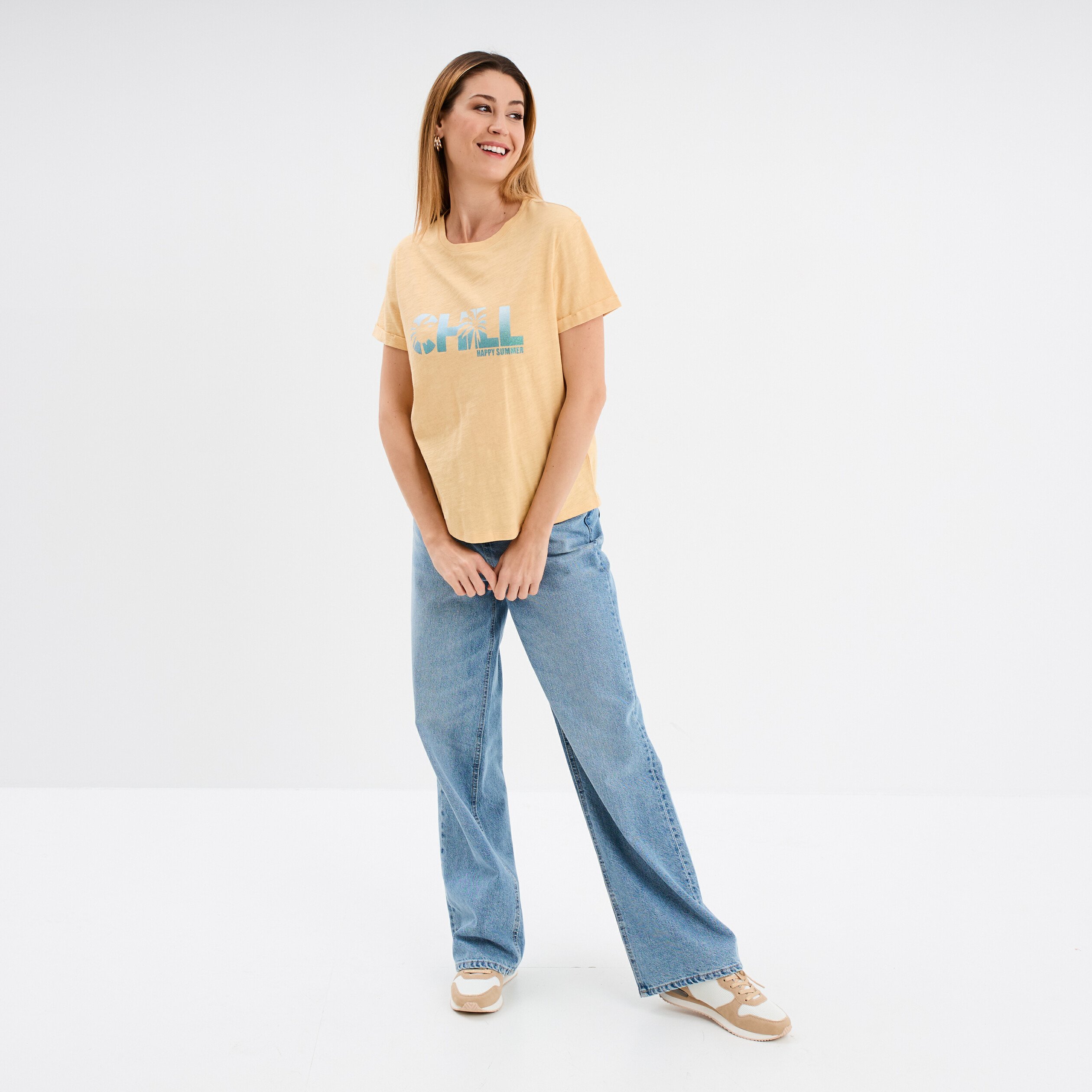t shirt manches courtes coton jaune femme T-shirt manches courtes coton jaune femme