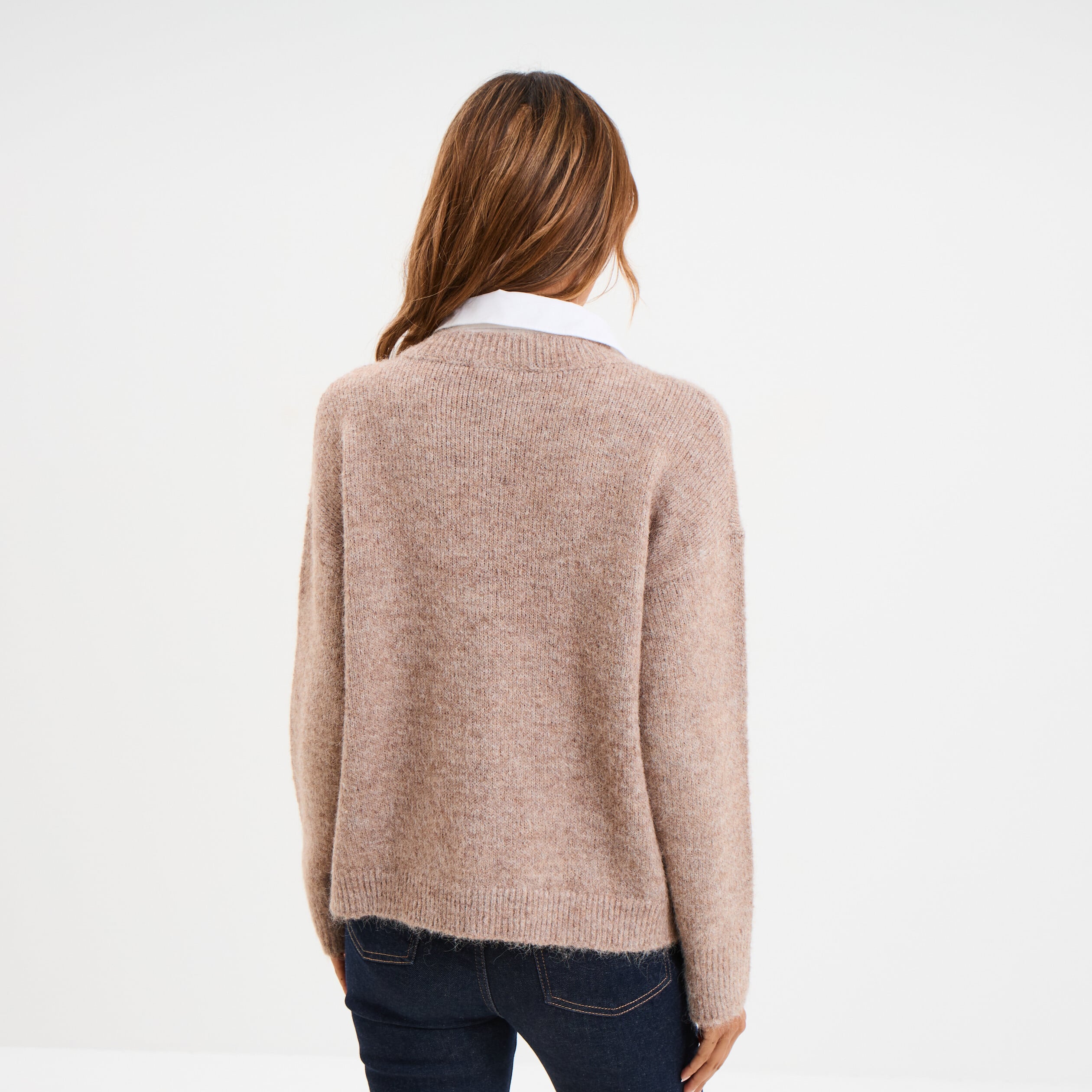 Pull 2-en-1 col chemise manches longues beige femme