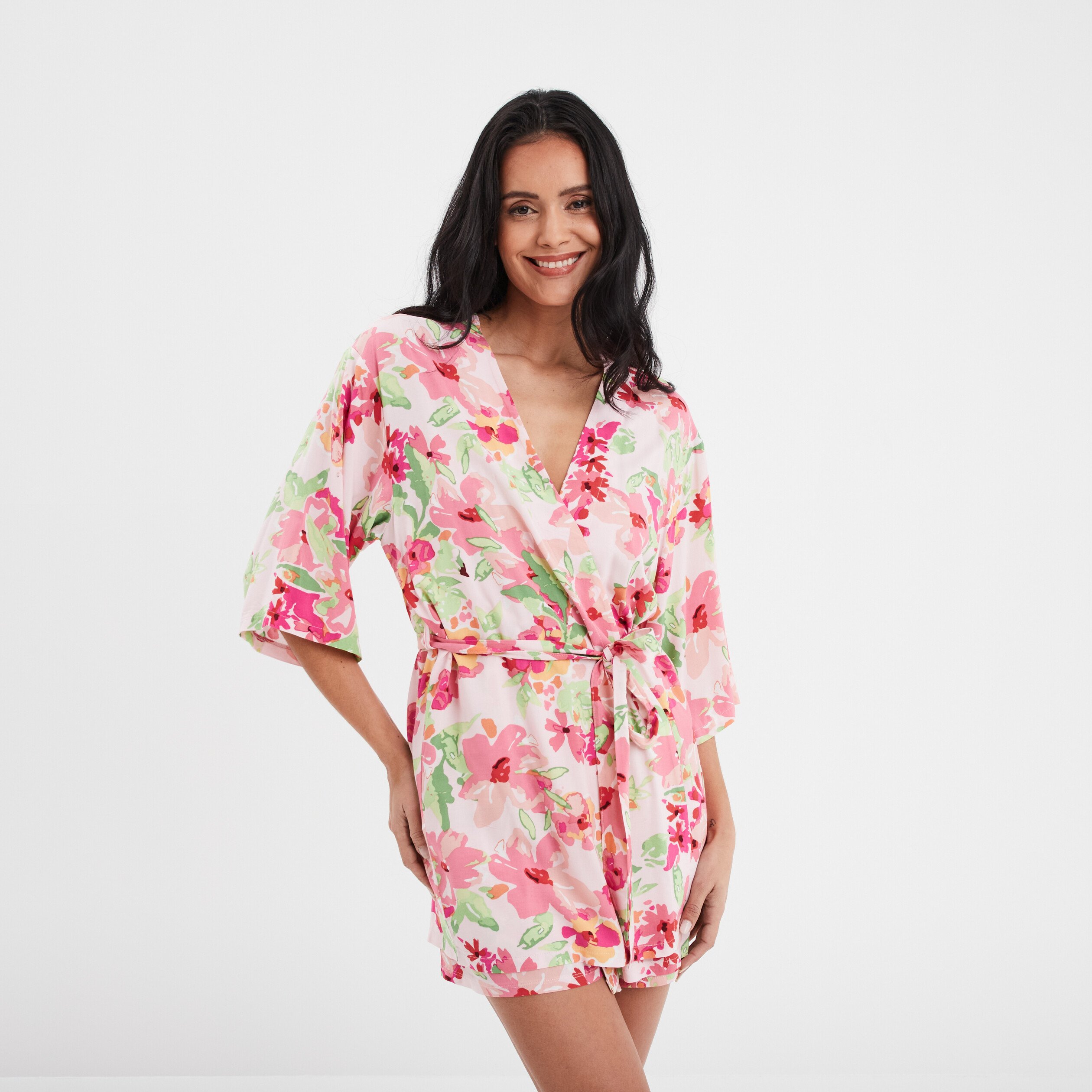 Deshabille style kimono fluide rose femme
