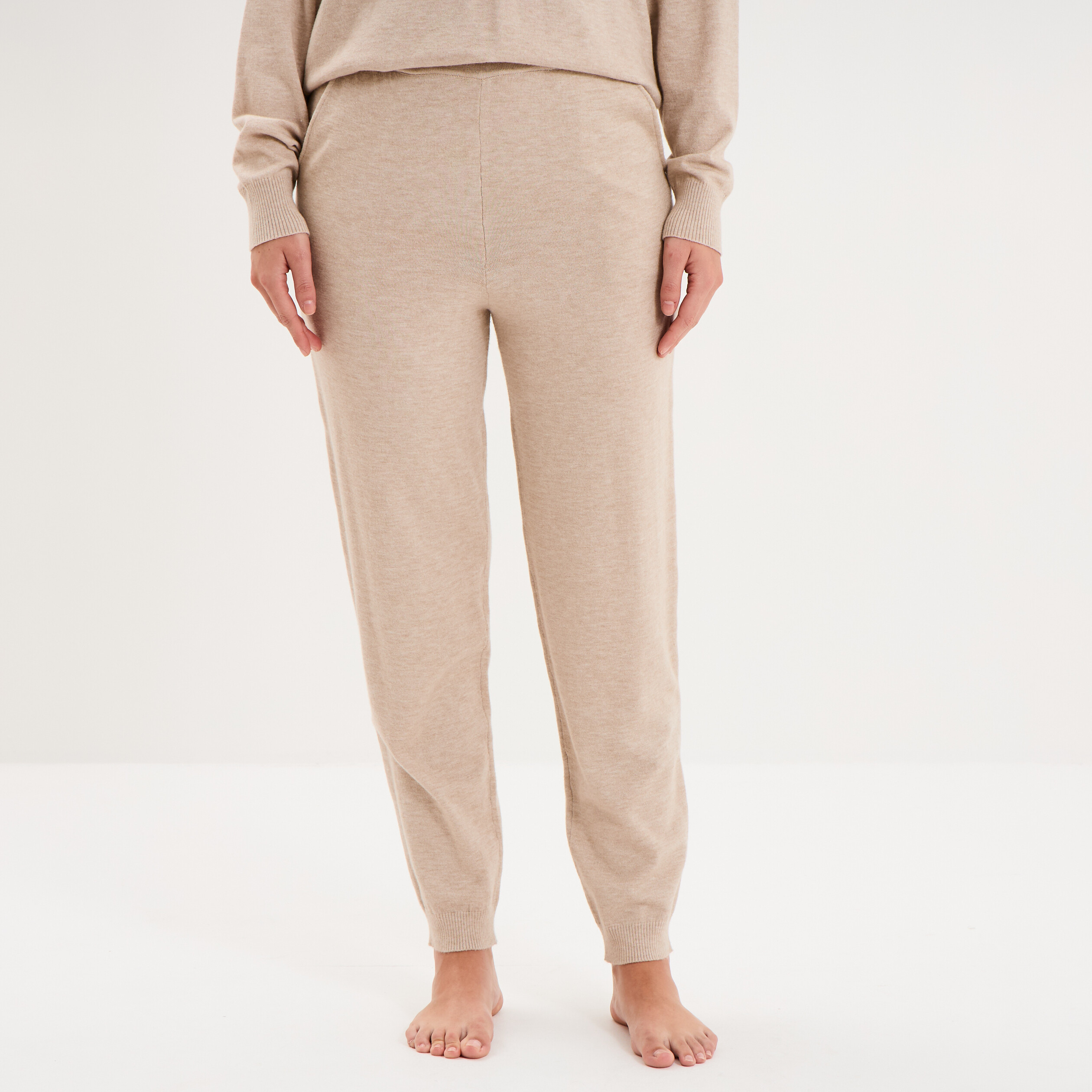 Bas de pyjama jogger en maille beige femme
