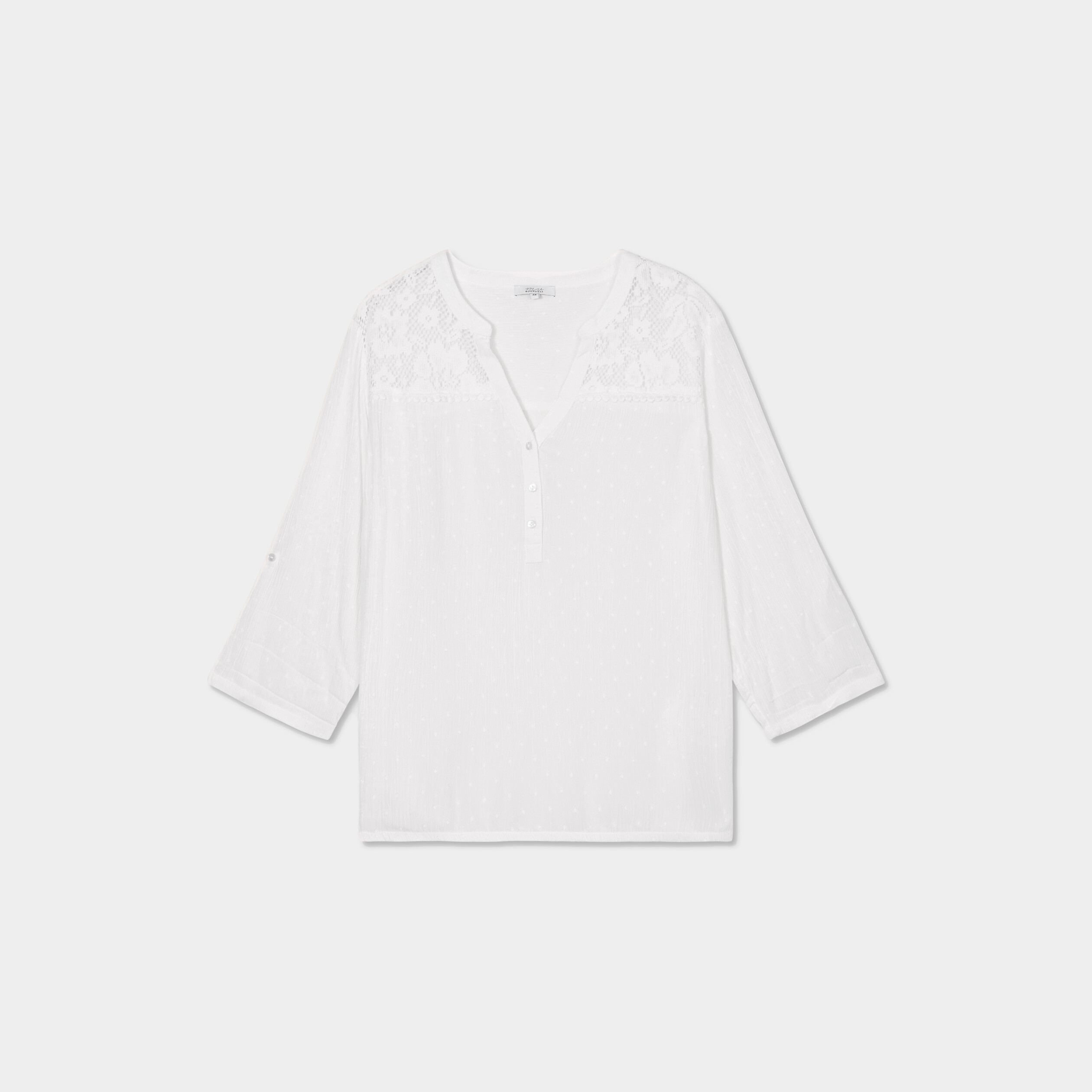 blouse plumetis avec epaules dentelle blanc femmegt Blouse plumetis avec épaules dentelle blanc femme grande taille