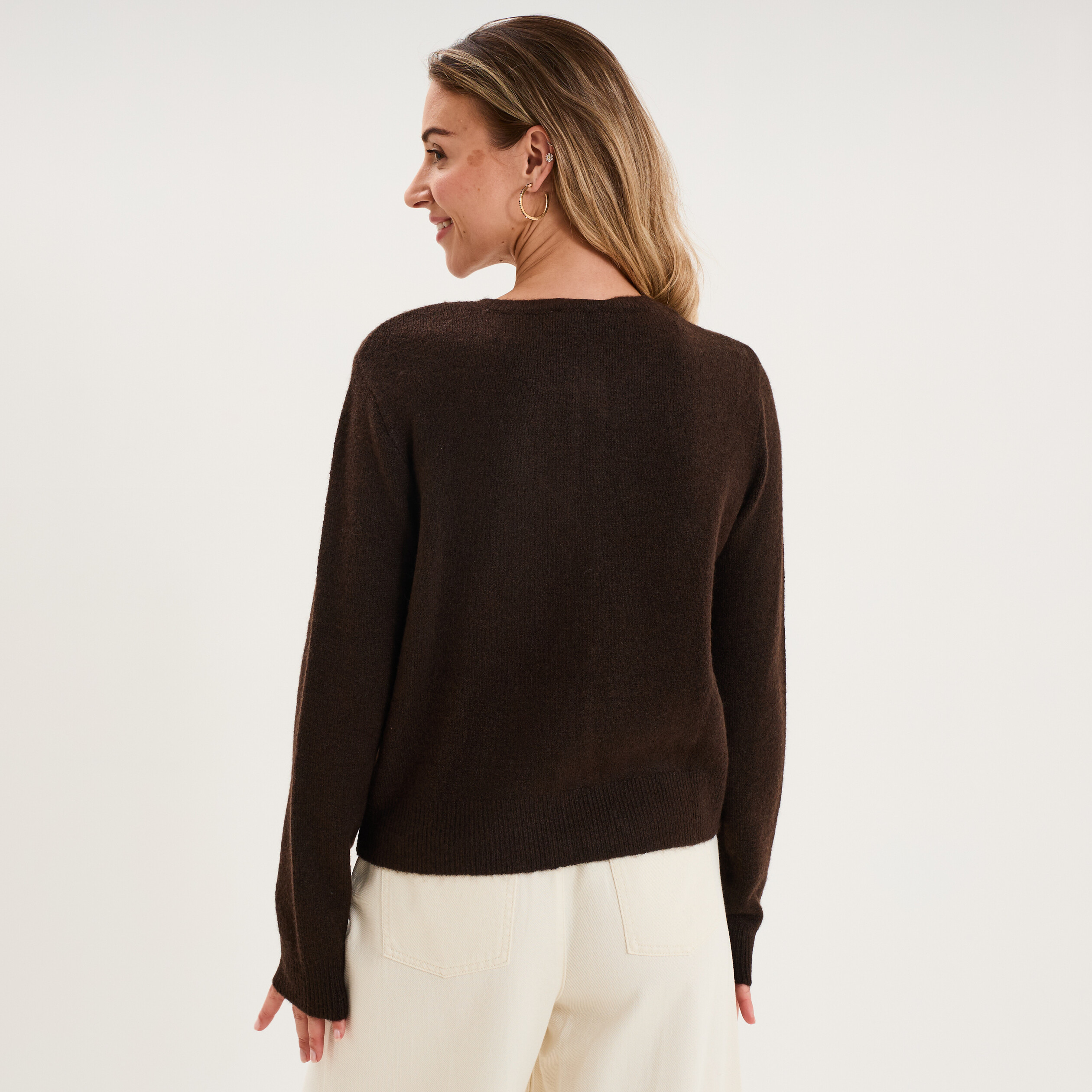 Gilet col rond manches longues marron fonc&eacute; femme