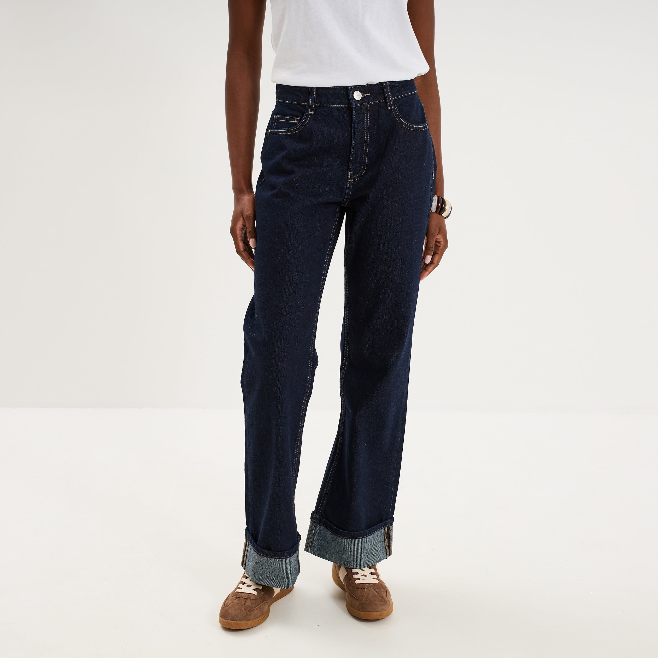 Jean droit bord revers 7/8&egrave;me denim brut femme