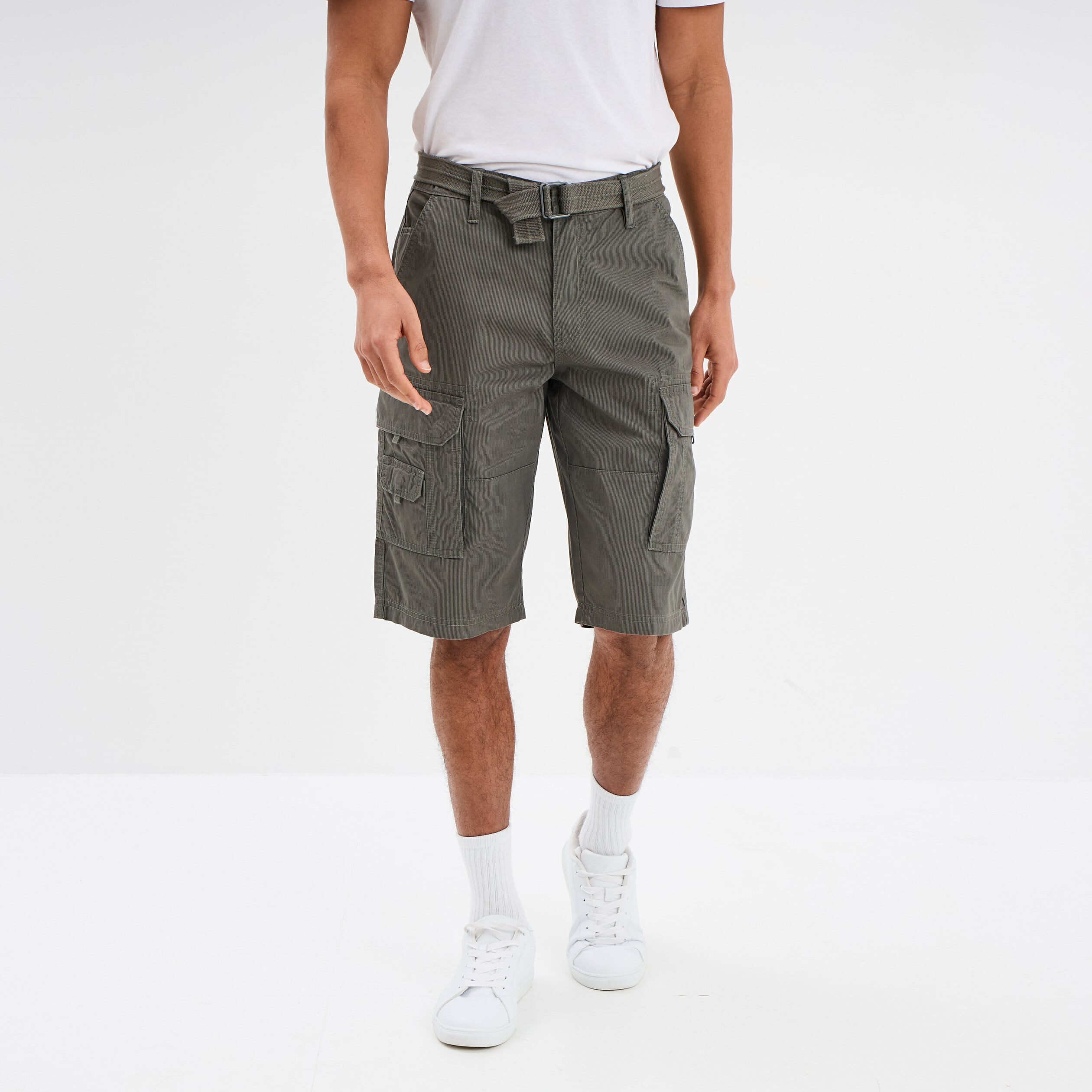 Bermuda cargo c&ocirc;tel&eacute; coton ceintur&eacute; gris homme