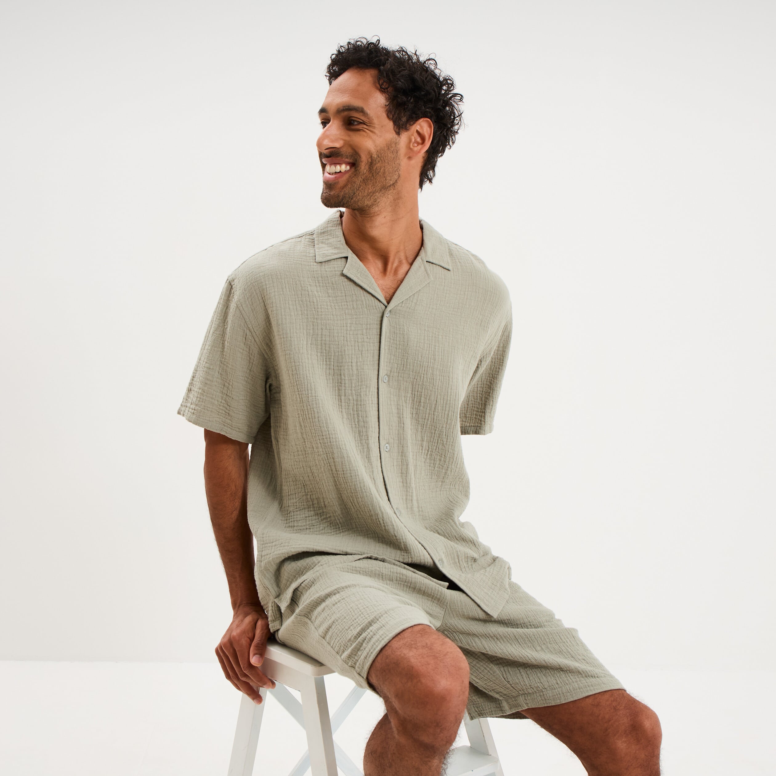 Chemise gaze de coton manches courtes vert clair homme