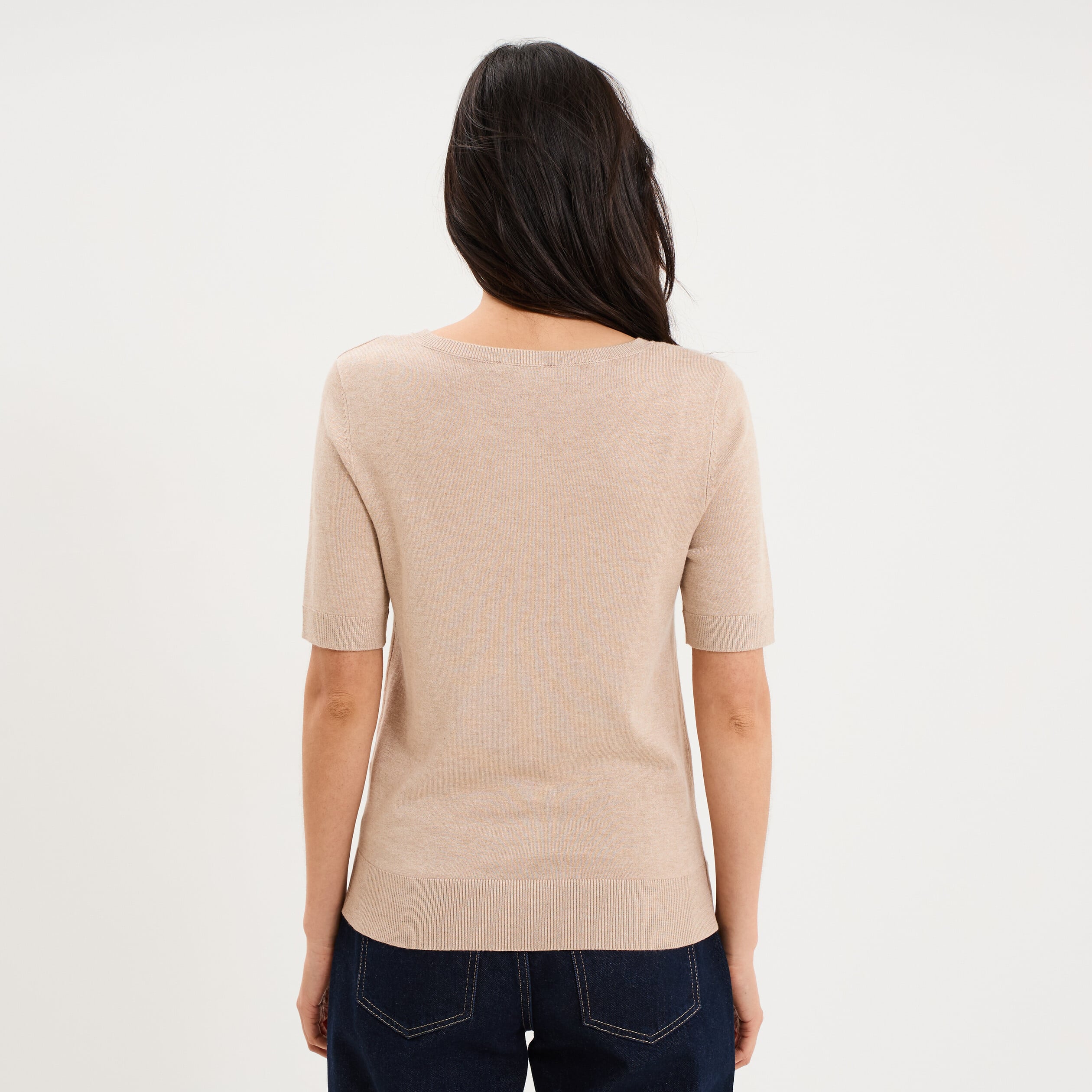 Pull manches courtes col rond beige femme
