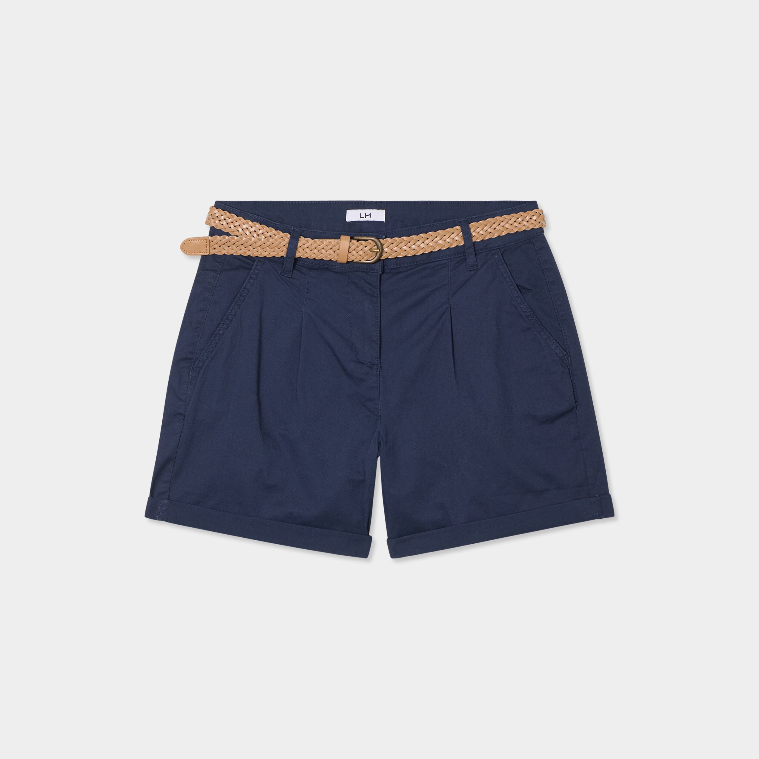 Short chino ceinture tress&eacute;e bleu marine femme