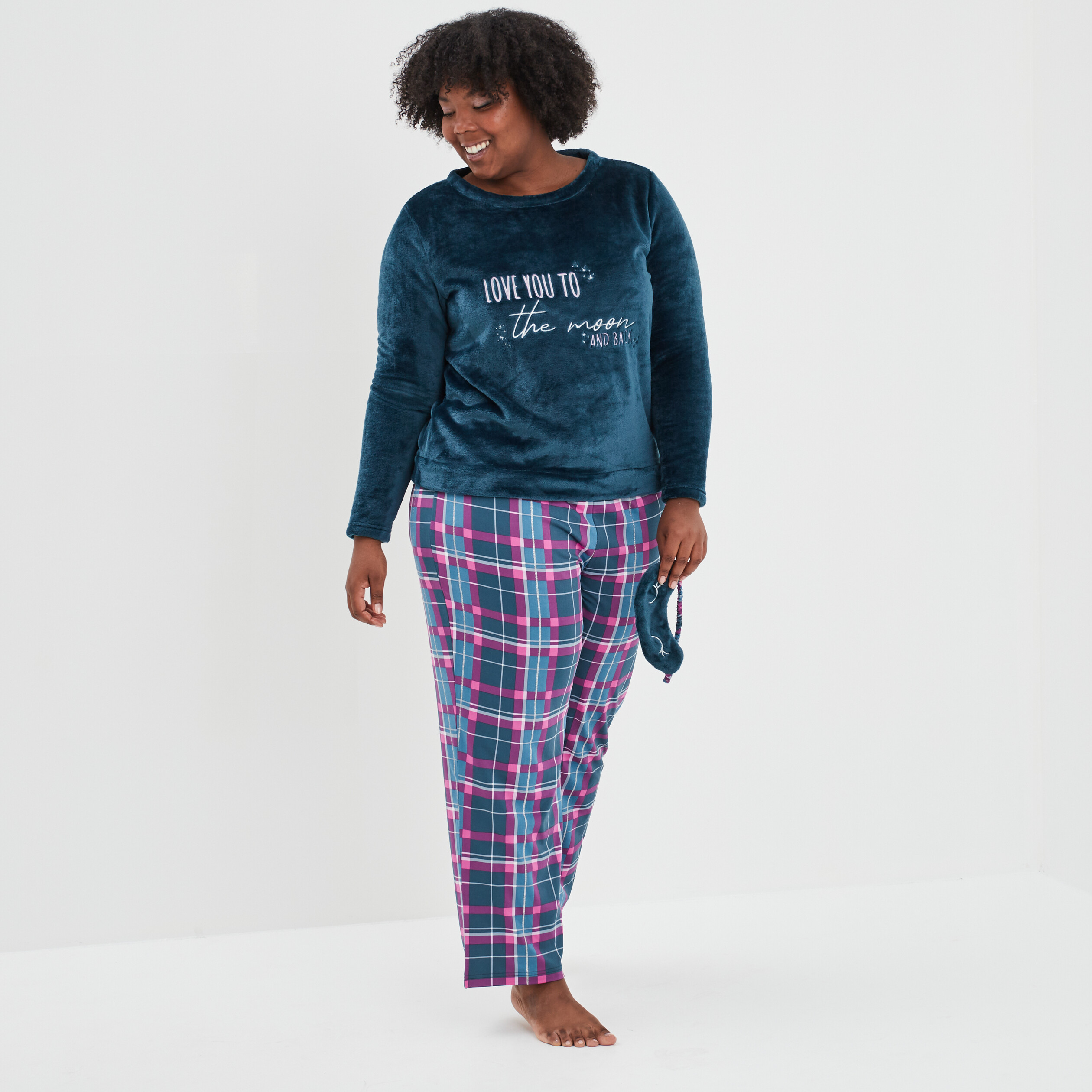 Ensemble pyjama pantalon haut velours bleu canard femme grande taille