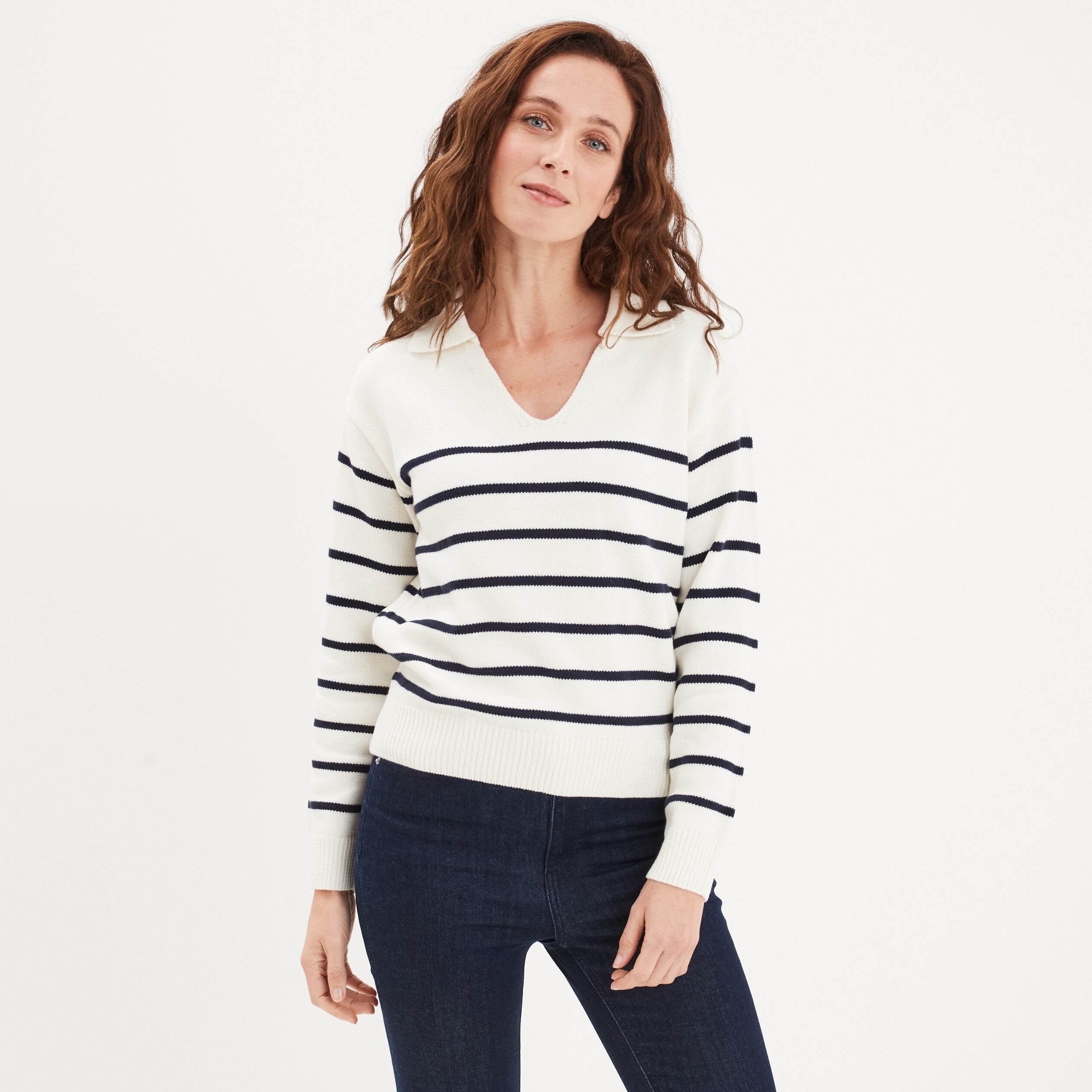 pull mariniere col polo creeks blanc femme Pull marinière col polo Creeks blanc femme