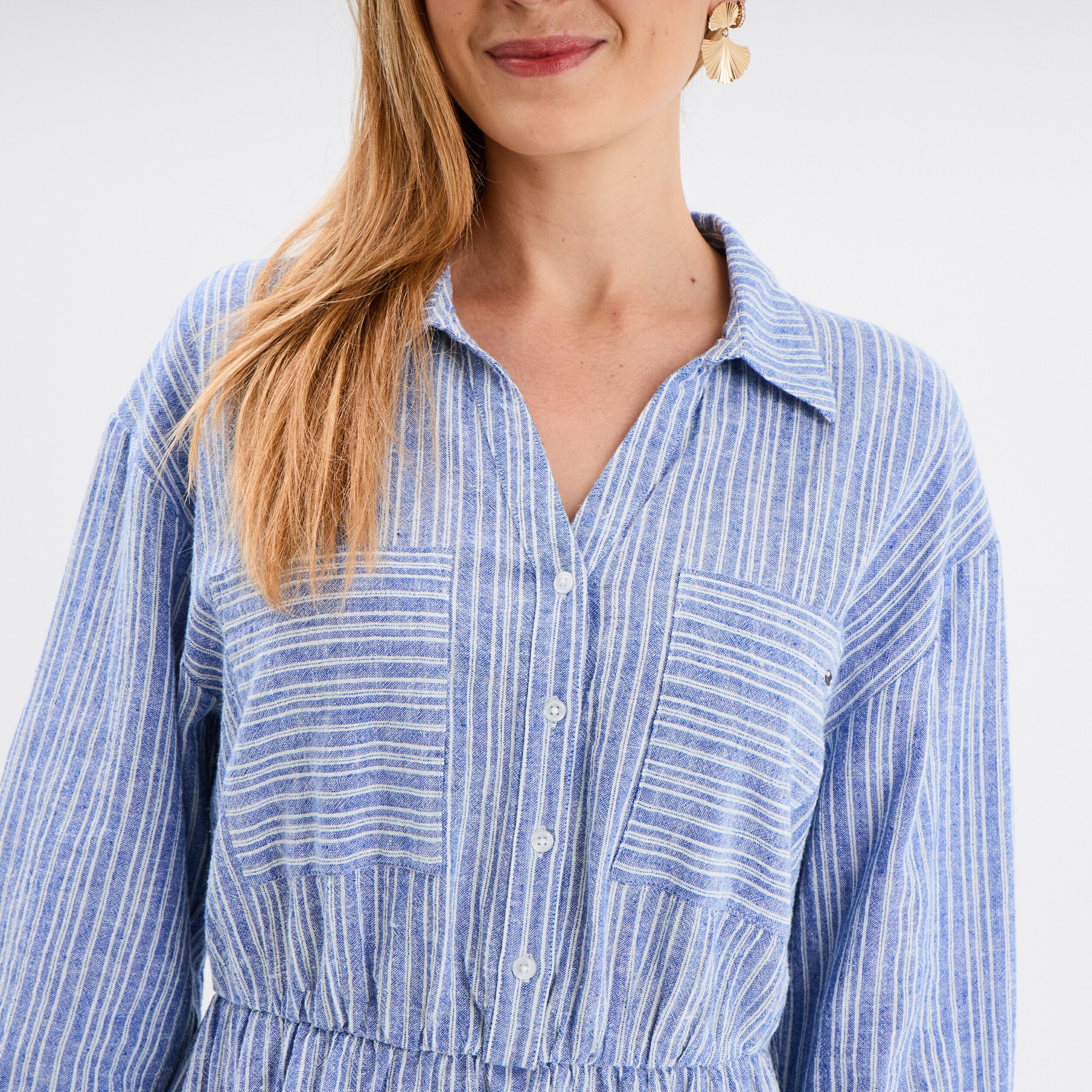 robe col chemise 2 poches melange lin bleu femme Robe col chemise 2 poches mélange lin bleu femme