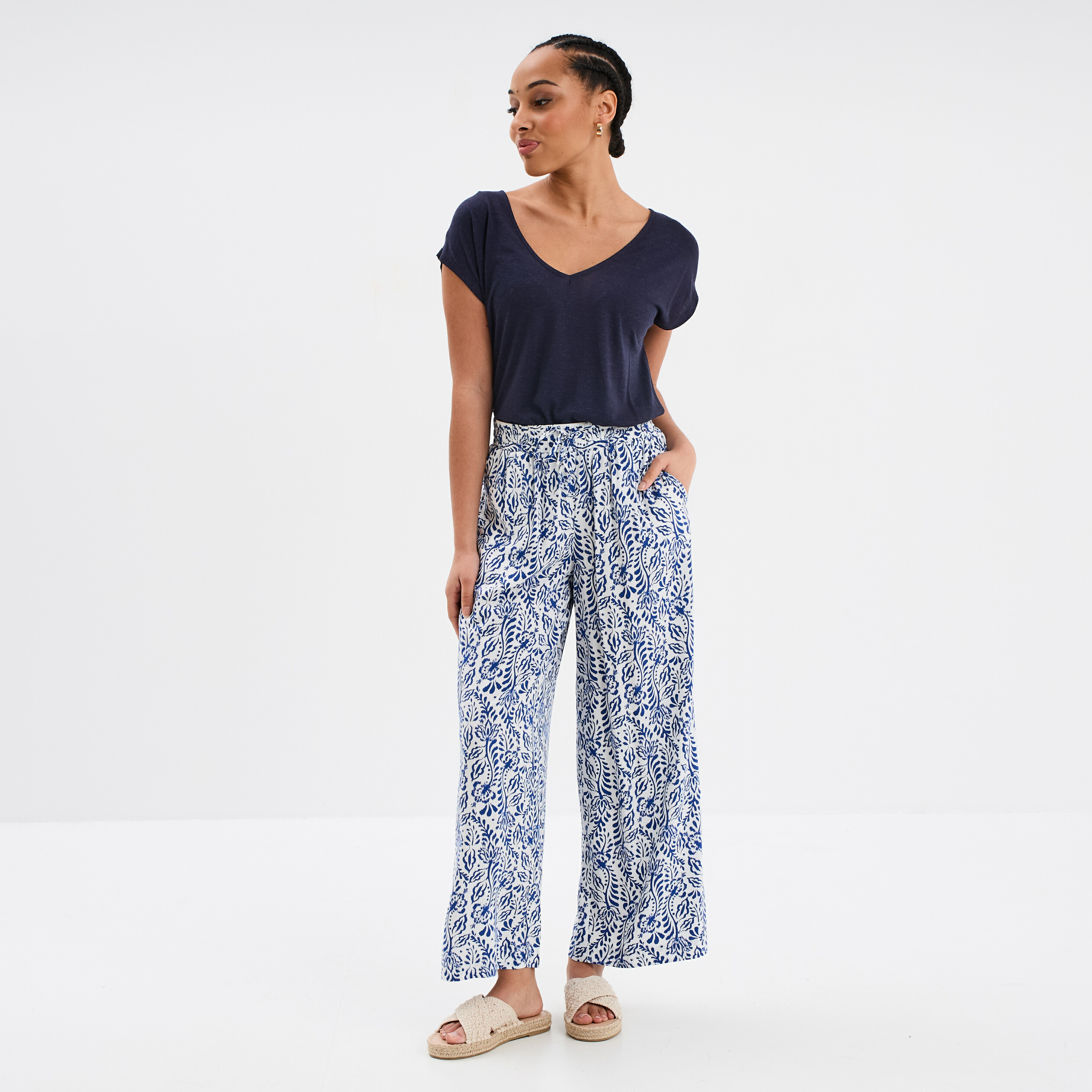 t shirt manches courtes lin melange bleu fonce femme T-shirt manches courtes lin mélangé bleu foncé femme