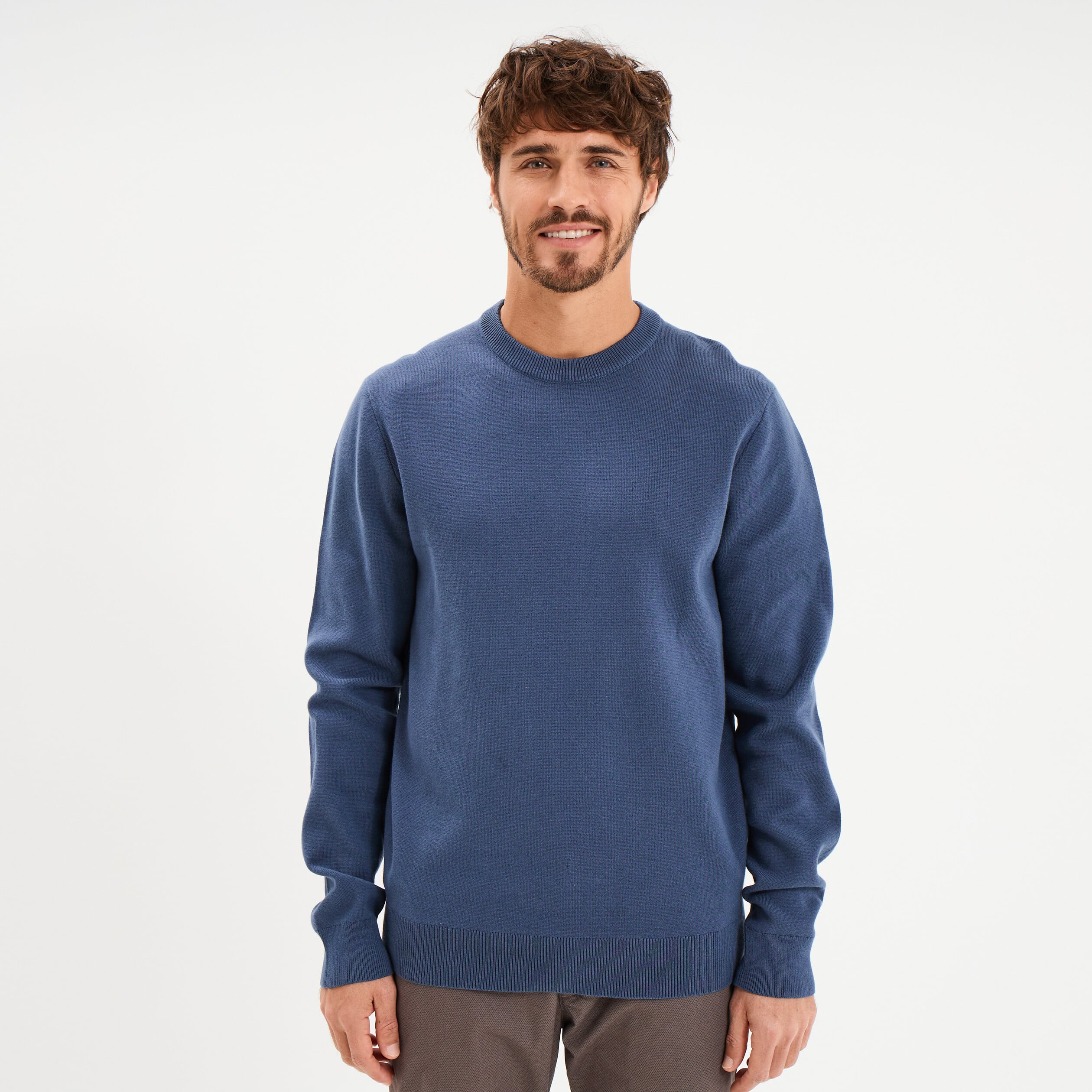 Pull col rond manches longues bleu fonc&eacute; homme