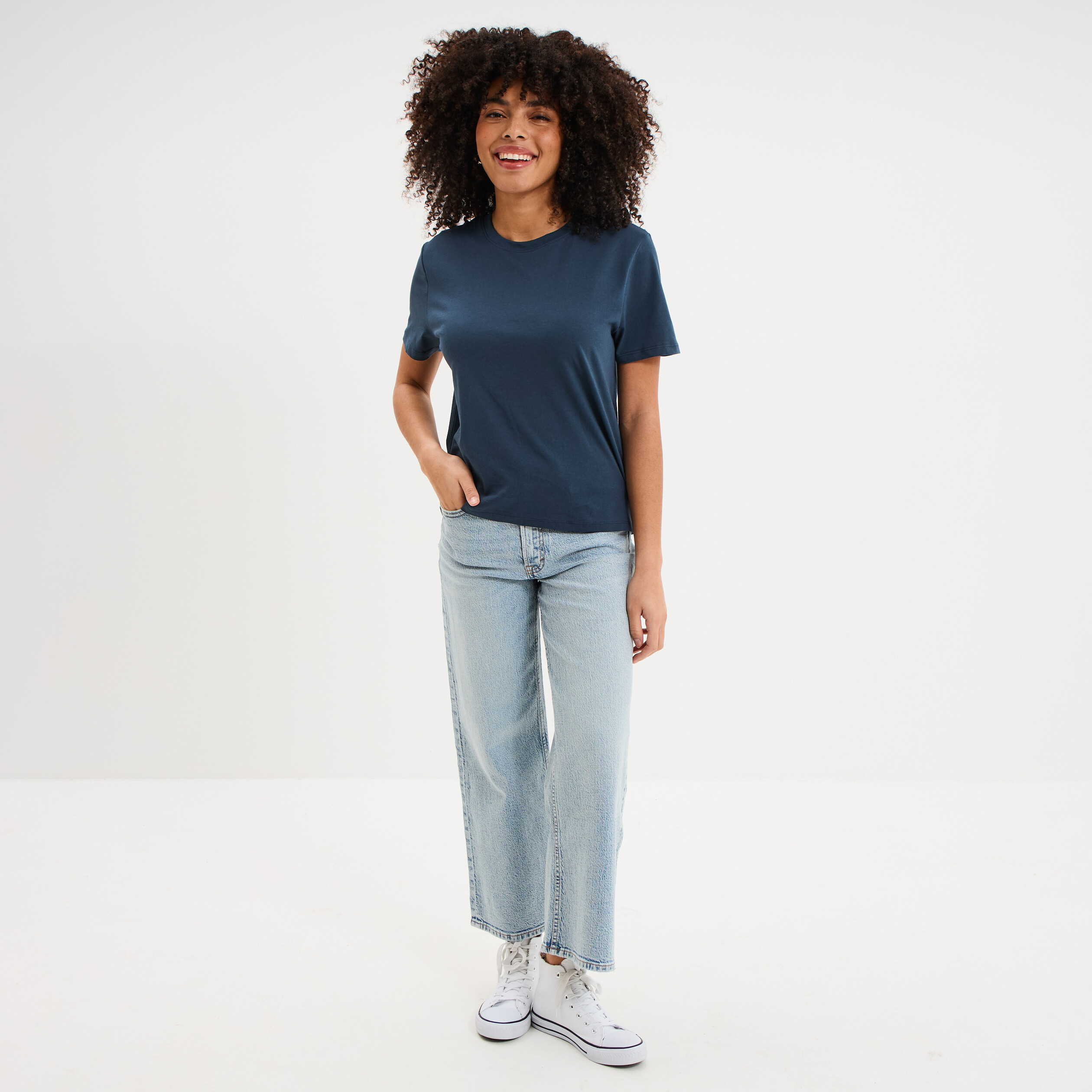 T-shirt col rond manches courtes coton bleu marine femme